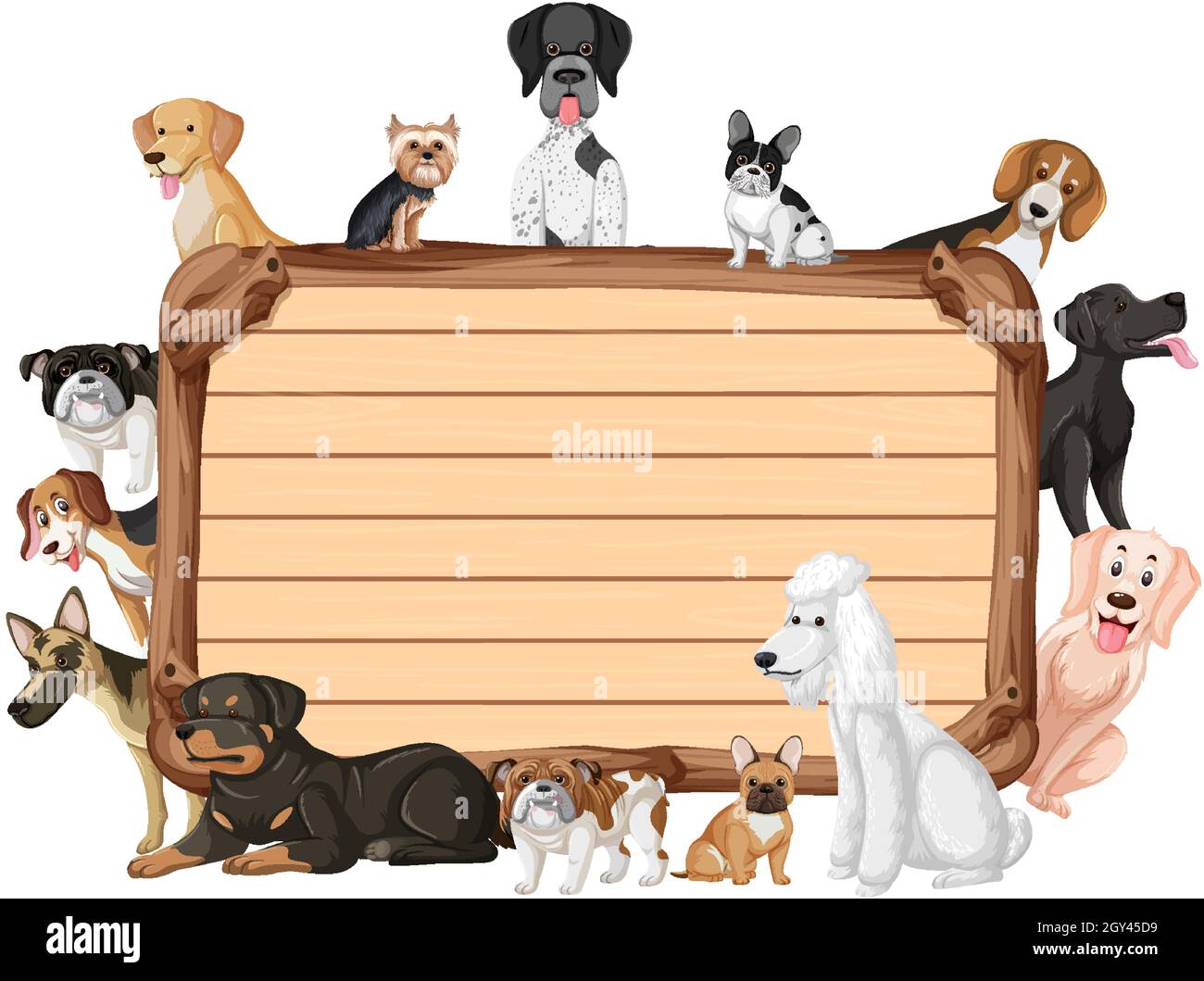 Empty wooden board with various breeds of dogs illustration Stock Vector