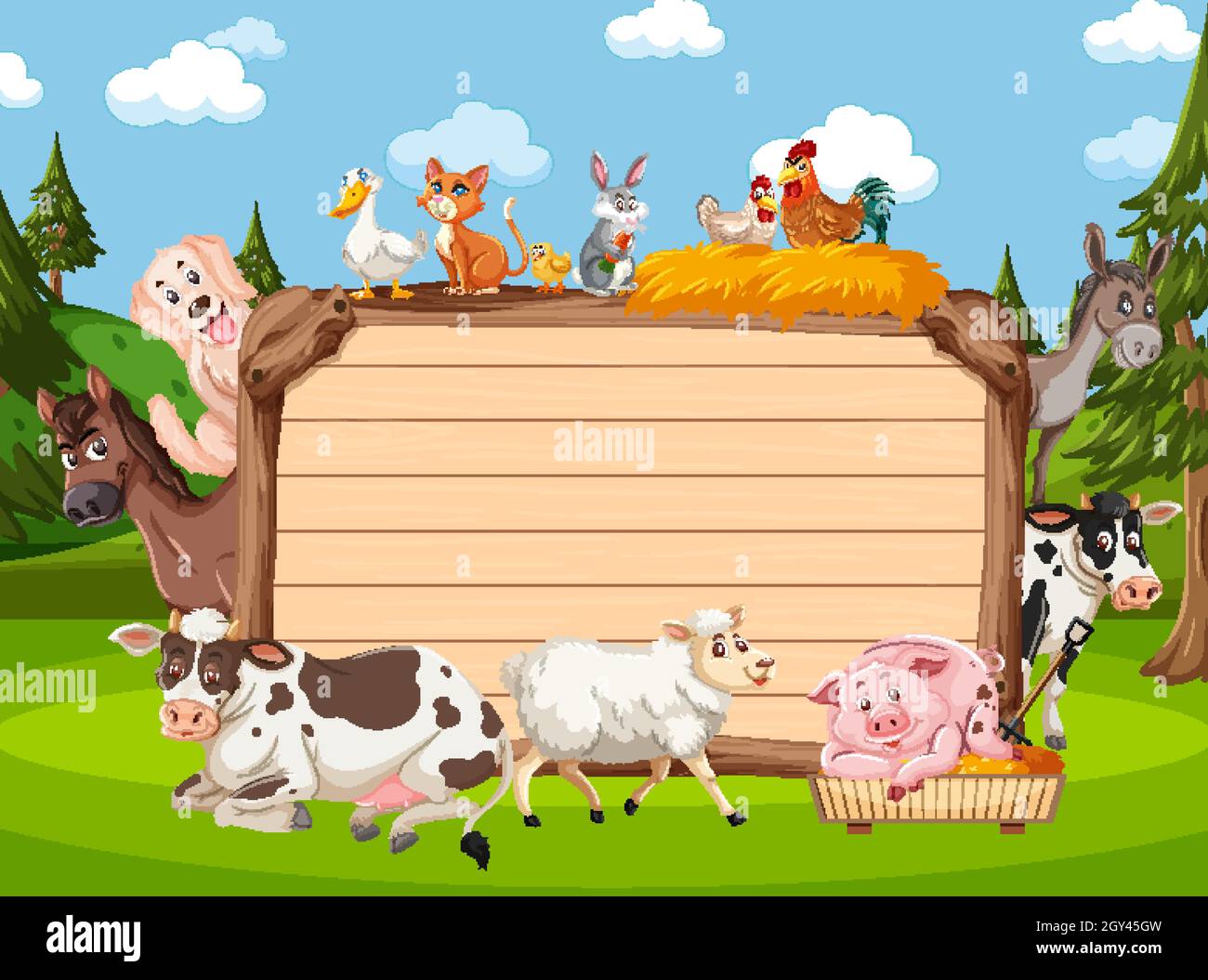 Empty wooden board with various wild animals in the forest illustration ...