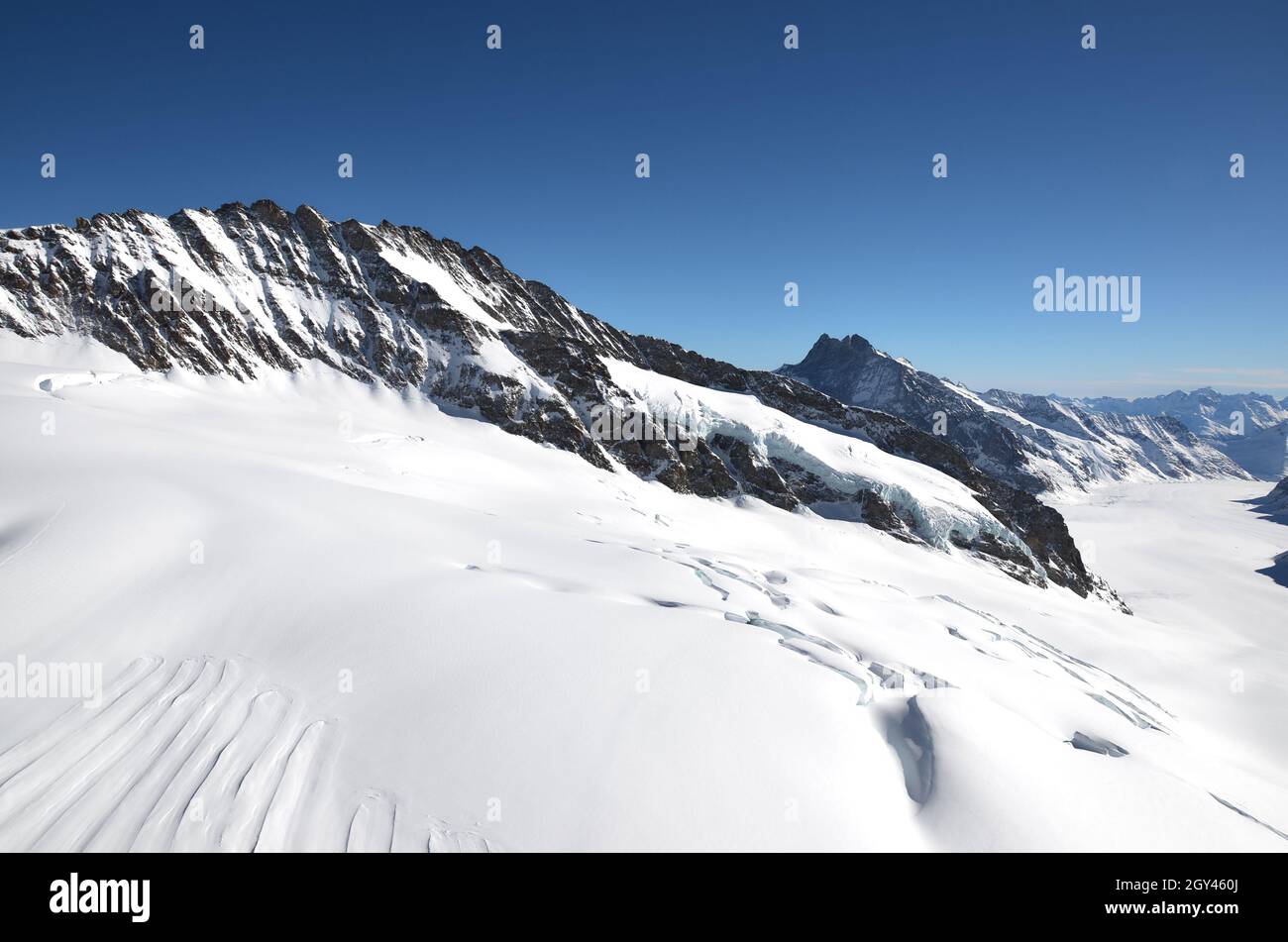 Snow white winter mountain panorama. Jungfrau, Top of Europe Stock ...