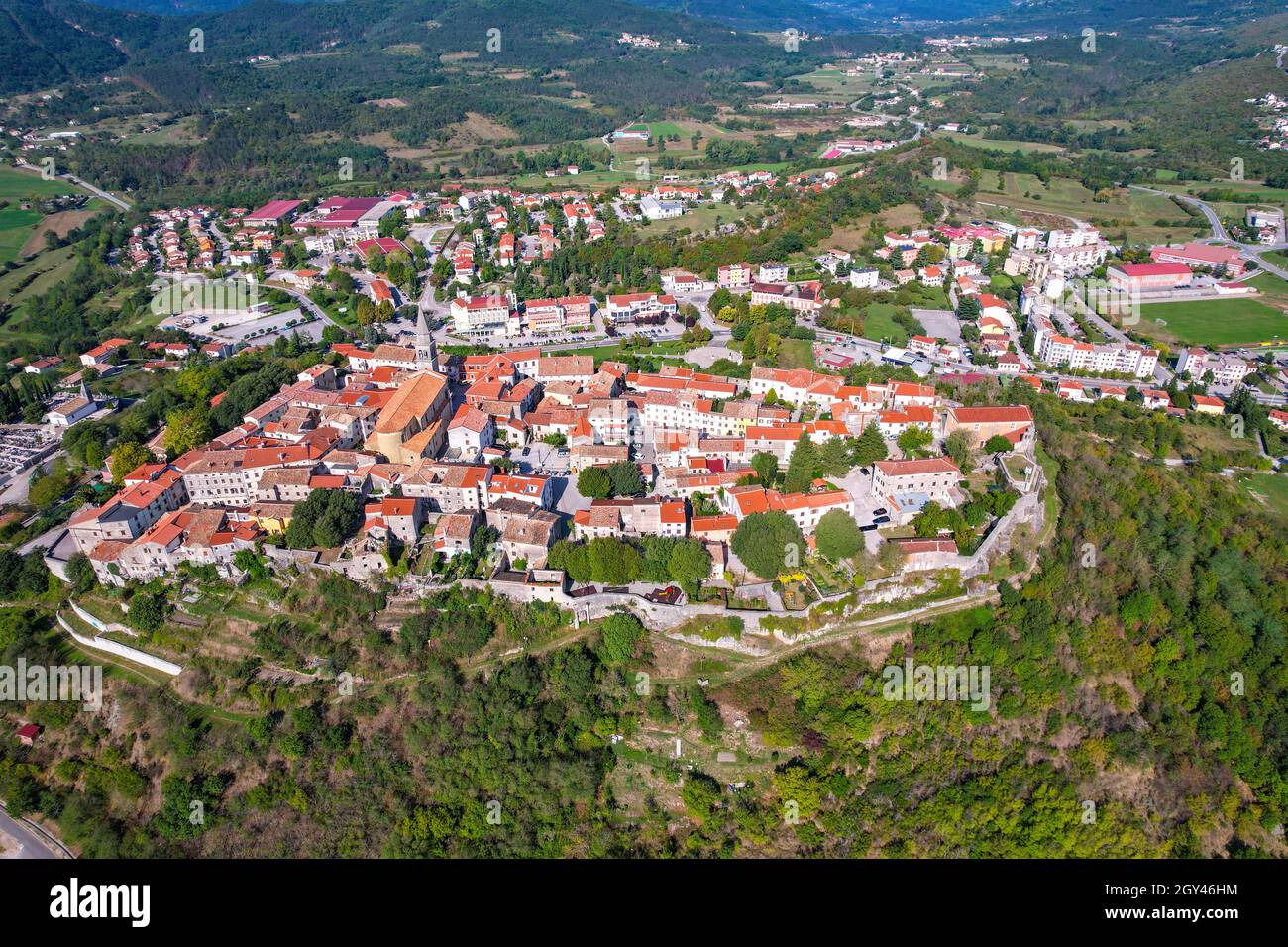 DJI Mavic Air 2S aerial drone photographs of the ancient hill town of Buzet, Istria, Croatia Stock Photo