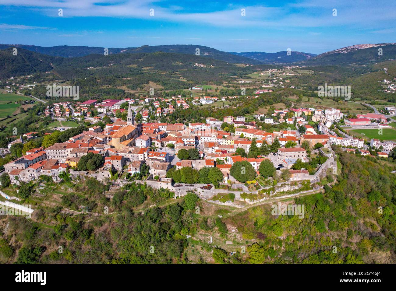 DJI Mavic Air 2S aerial drone photographs of the ancient hill town of Buzet, Istria, Croatia Stock Photo