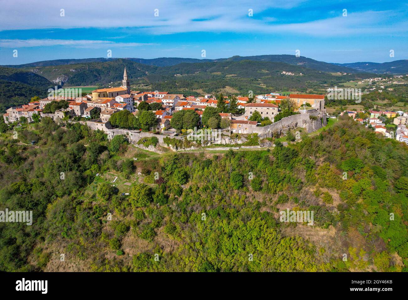 DJI Mavic Air 2S aerial drone photographs of the ancient hill town of Buzet, Istria, Croatia Stock Photo