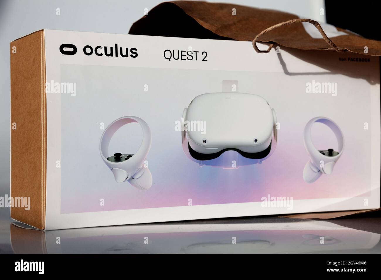 Child holds new VR head set box. A new generation gaming device