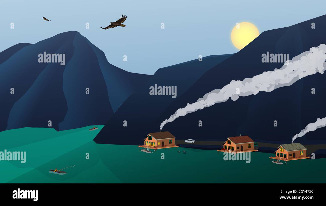 Landscape relaxation on a mountain lake with houses and high mountains. Eagles fly in the sky. The sun sets over the mountains. A fisherman in a boat Stock Vector