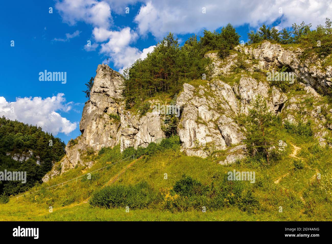Grupa Zabiego Konia limestone rock massif with Zabi Kon rock in Kobylanska Valley within Jura Krakowsko-Czestochowska upland near Cracow in Poland Stock Photo