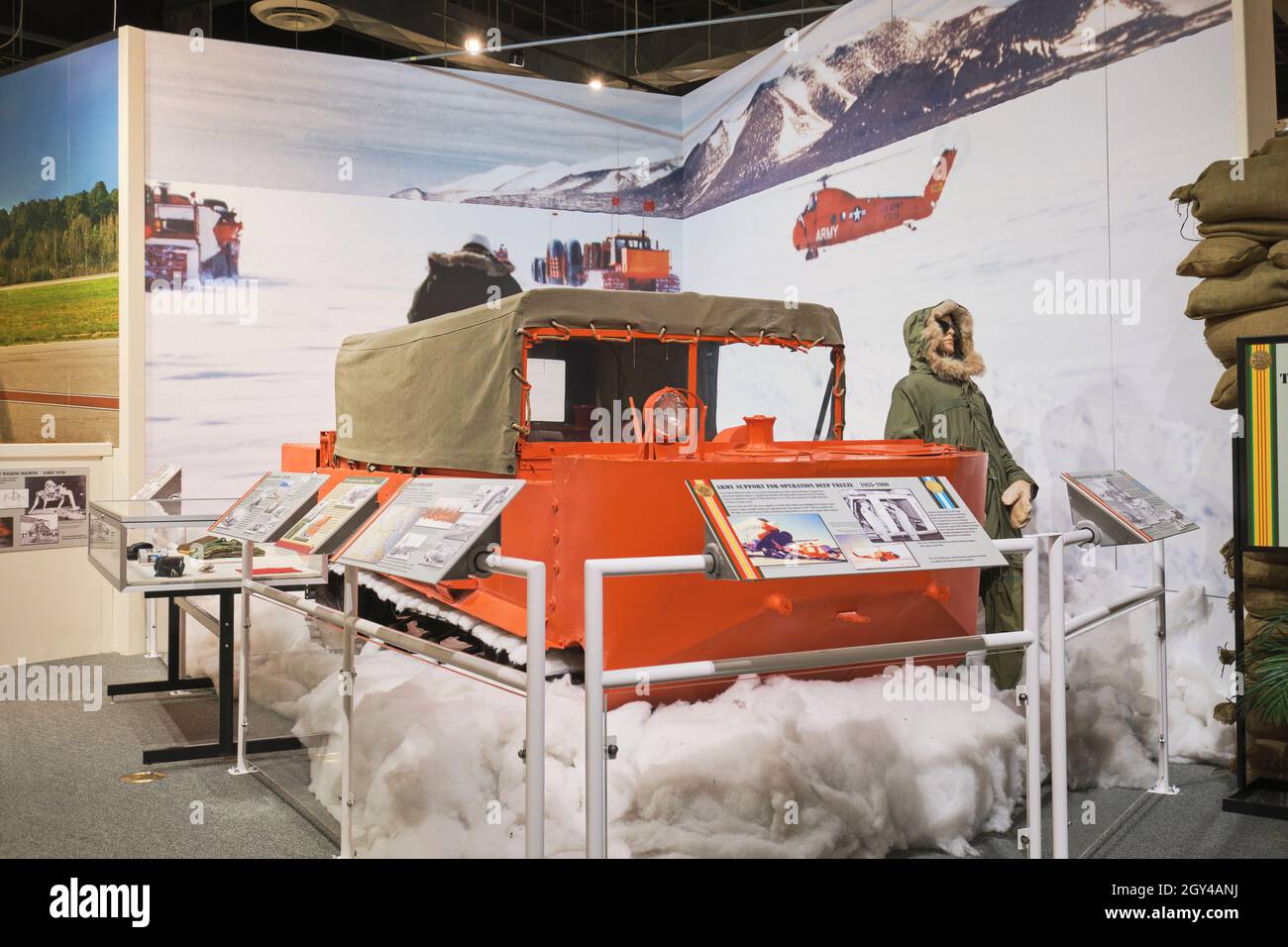 Orange Arctic vehicle, Weasel M29C. At the US Army Transportation Museum at Fort Eustis, Virginia. Stock Photo