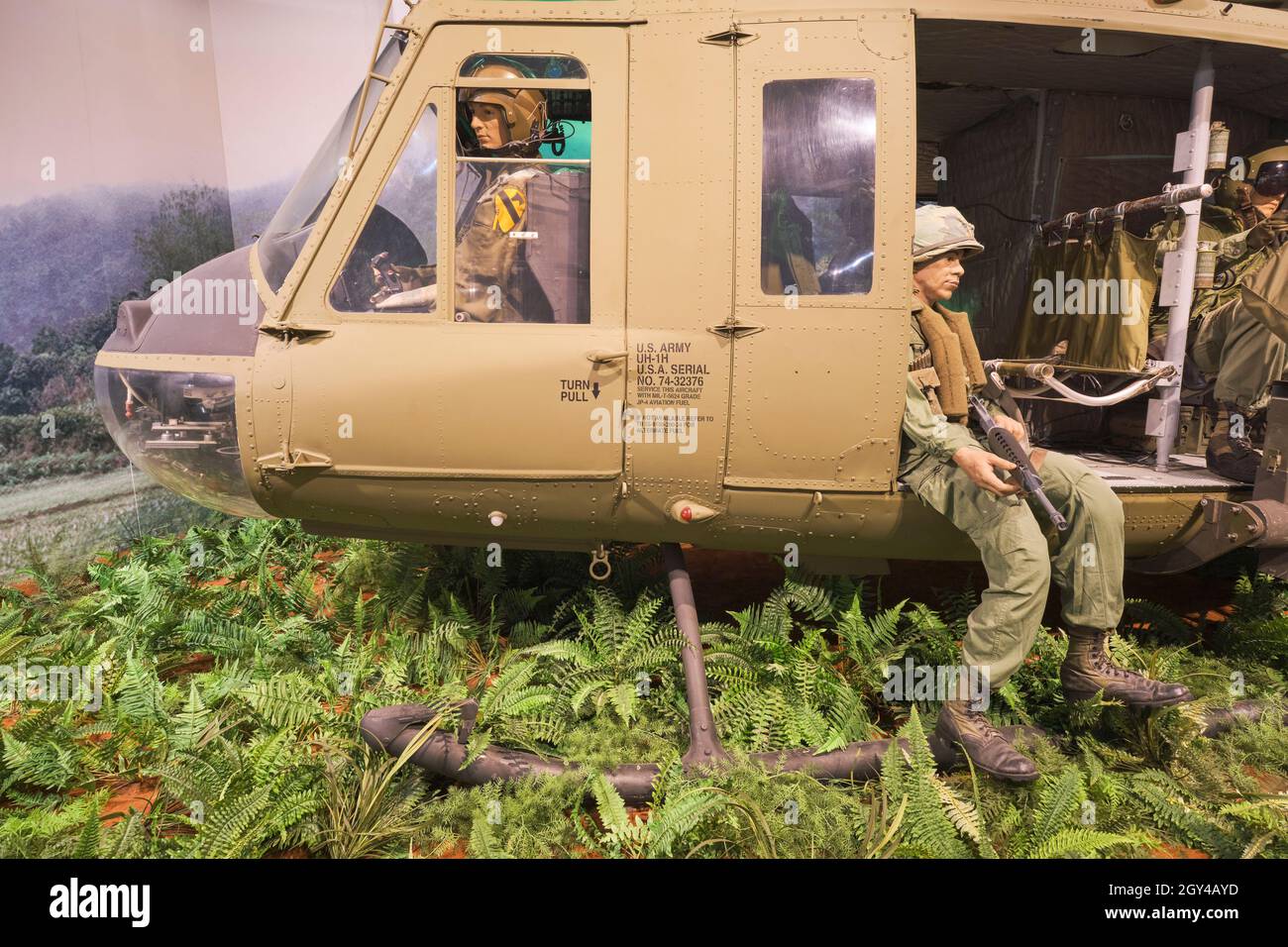 A Bell UH-IH Huey helicopter during the Vietnam war. At the US Army Transportation Museum at Fort Eustis, Virginia. Stock Photo