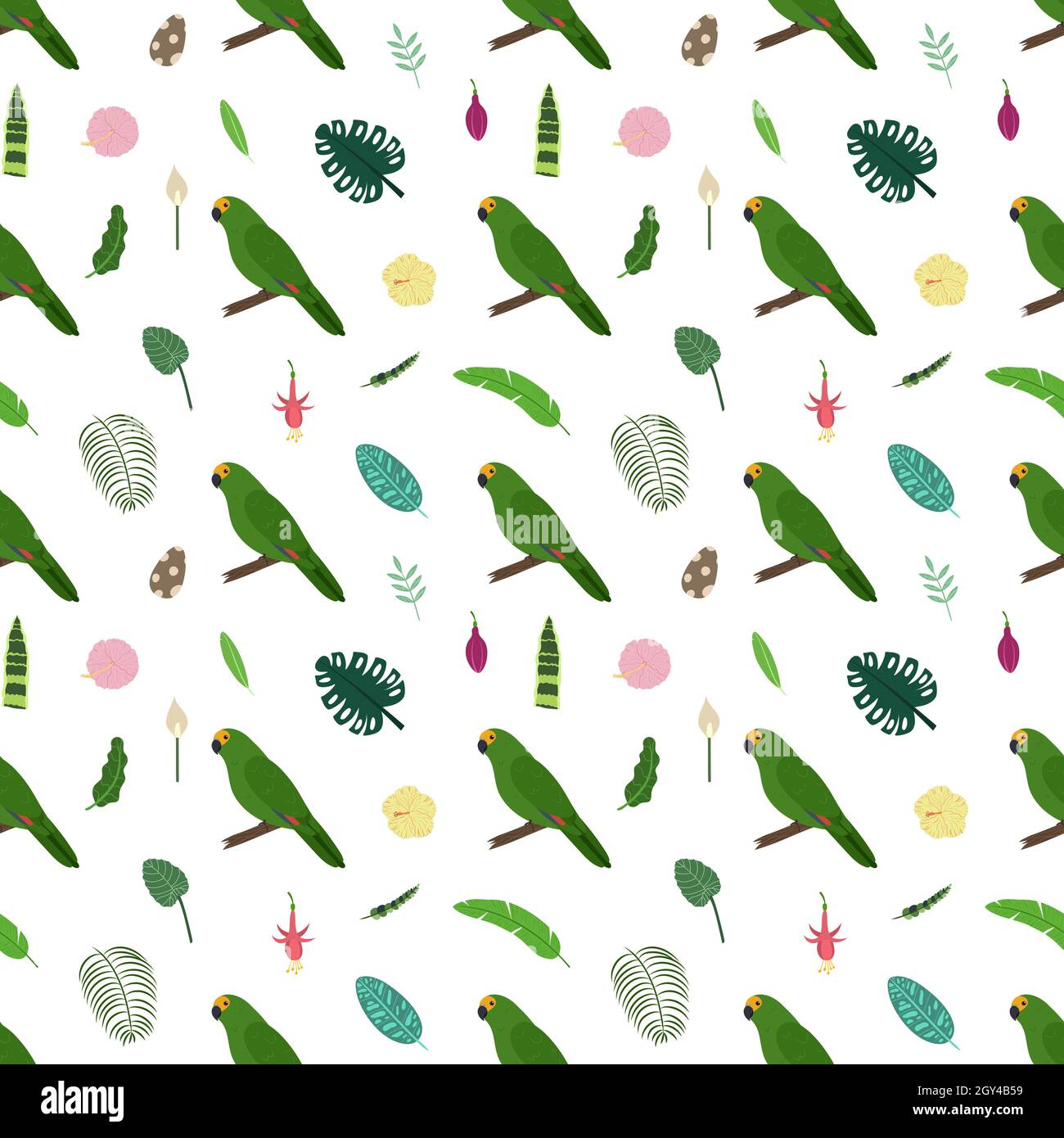 Seamless pattern with amazon parrots, tropical leaves and flowers. Cute baby print for fabric and textile. Stock Vector