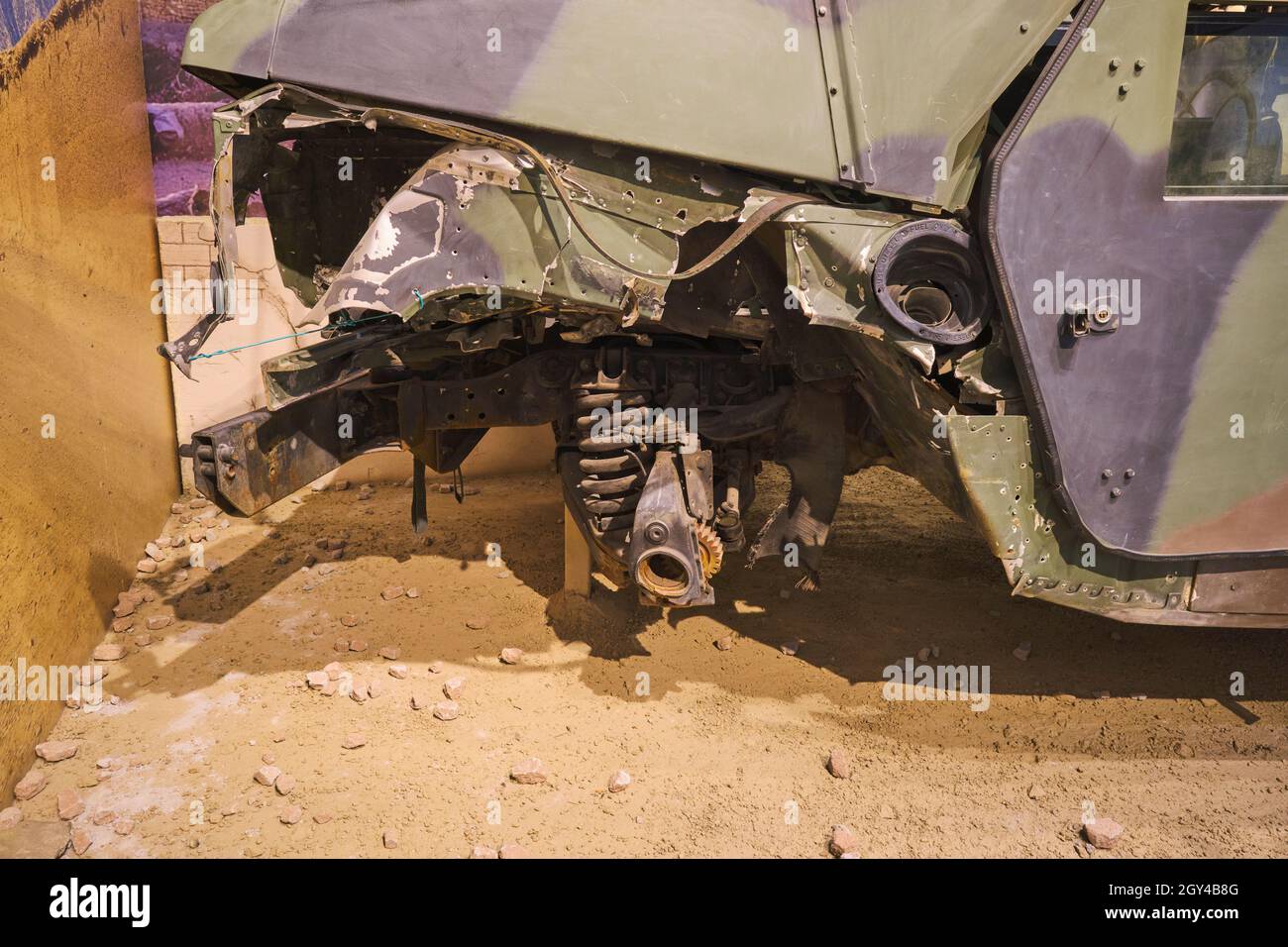 Diorama of a broken axle, tire, wheel of an HMMWV, Humvee. At the US Army Transportation Museum at Fort Eustis, Virginia. Stock Photo