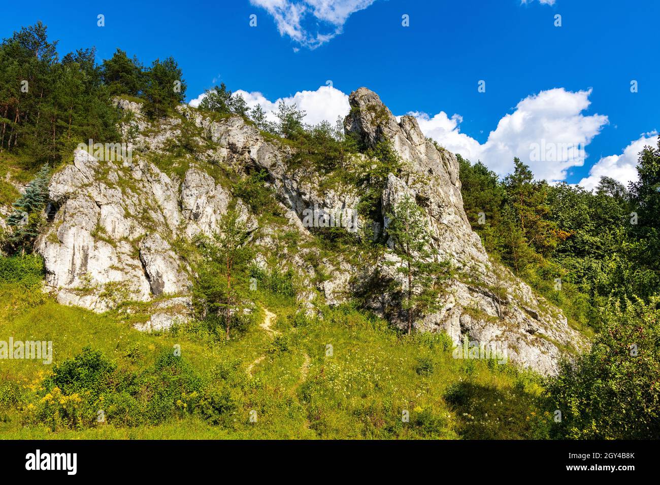 Grupa Zabiego Konia limestone rock massif with Mnich rock in Kobylanska Valley within Jura Krakowsko-Czestochowska upland near Cracow in Lesser Poland Stock Photo