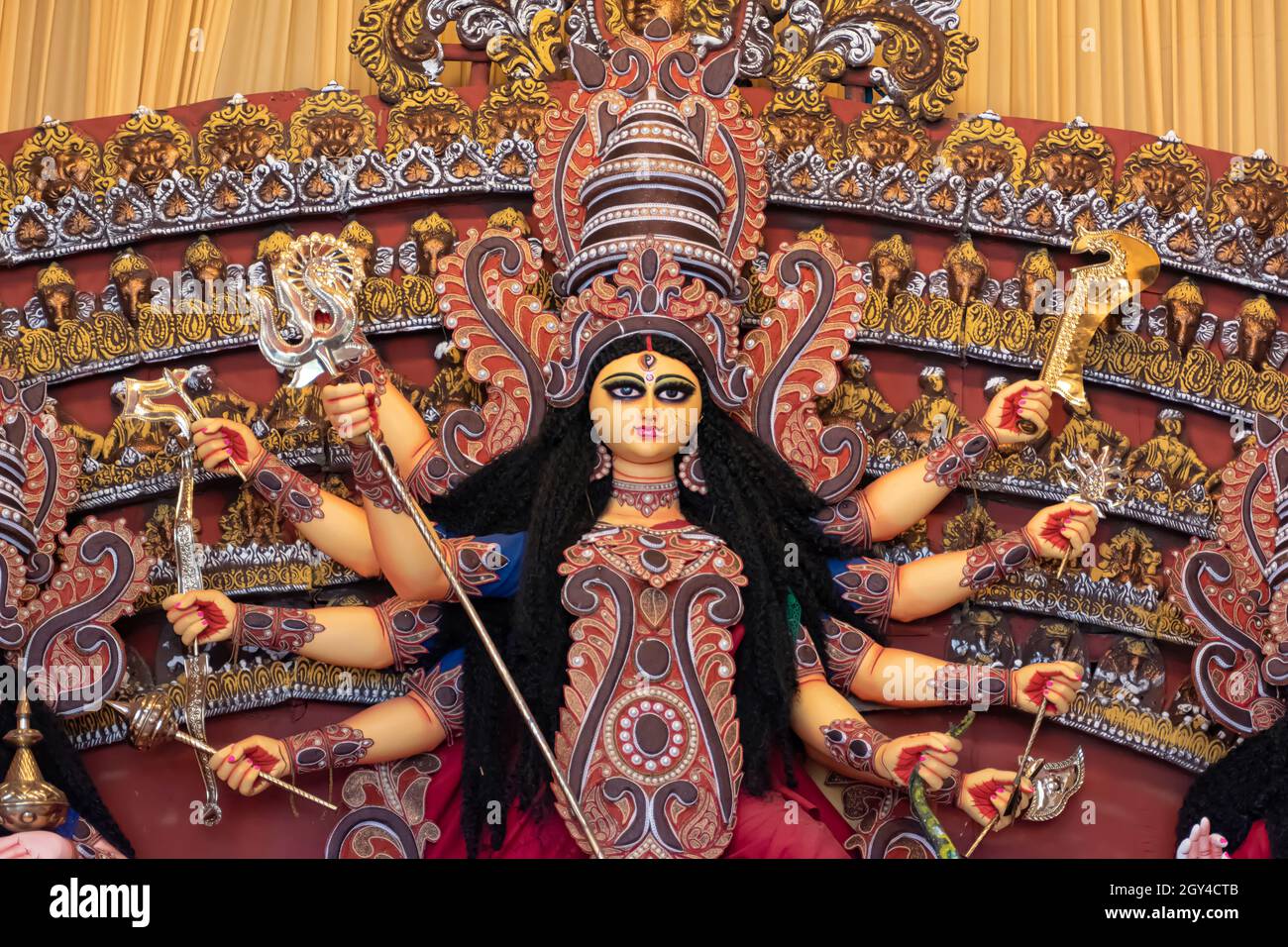 Goddess Durga idol decorated at puja pandal in Kolkata, West Bengal ...