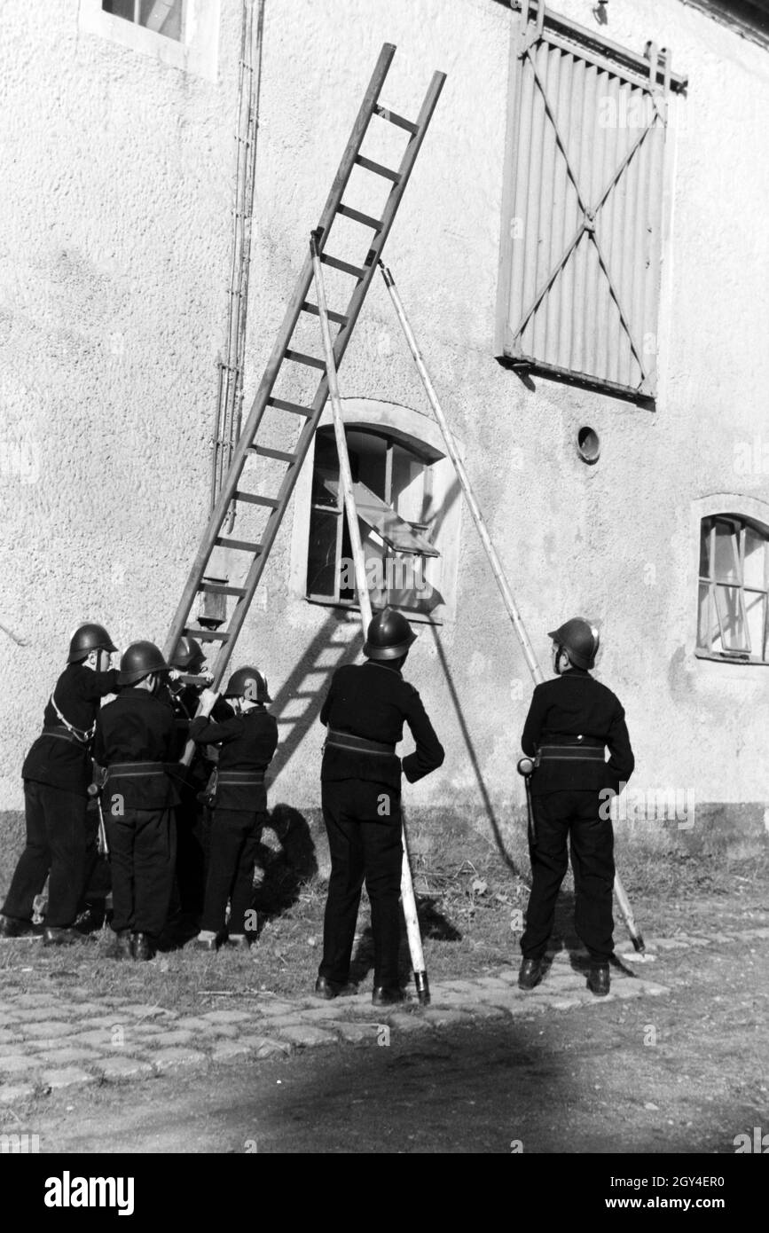 Eine Gruppe von der Kinderfeuerwehr stellt während einer Feuerwehrübung eine Leiter auf, Deutschland 1930er Jahre. A group of  junior firefighters is preparing a ladder during a firefighter training, Germany 1930s. Stock Photo