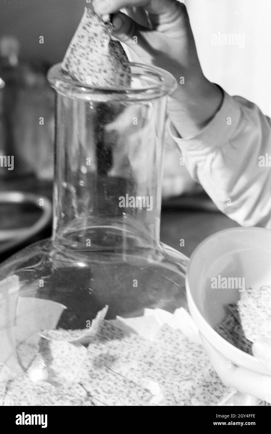 Ein Laborant entnimmt eine Bienengiftprobe aus einem Glaskolben, Deutschland 1930er Jahre. A lab assistant taking out a sample of bee poison out of a flask, Germany 1930s. Stock Photo