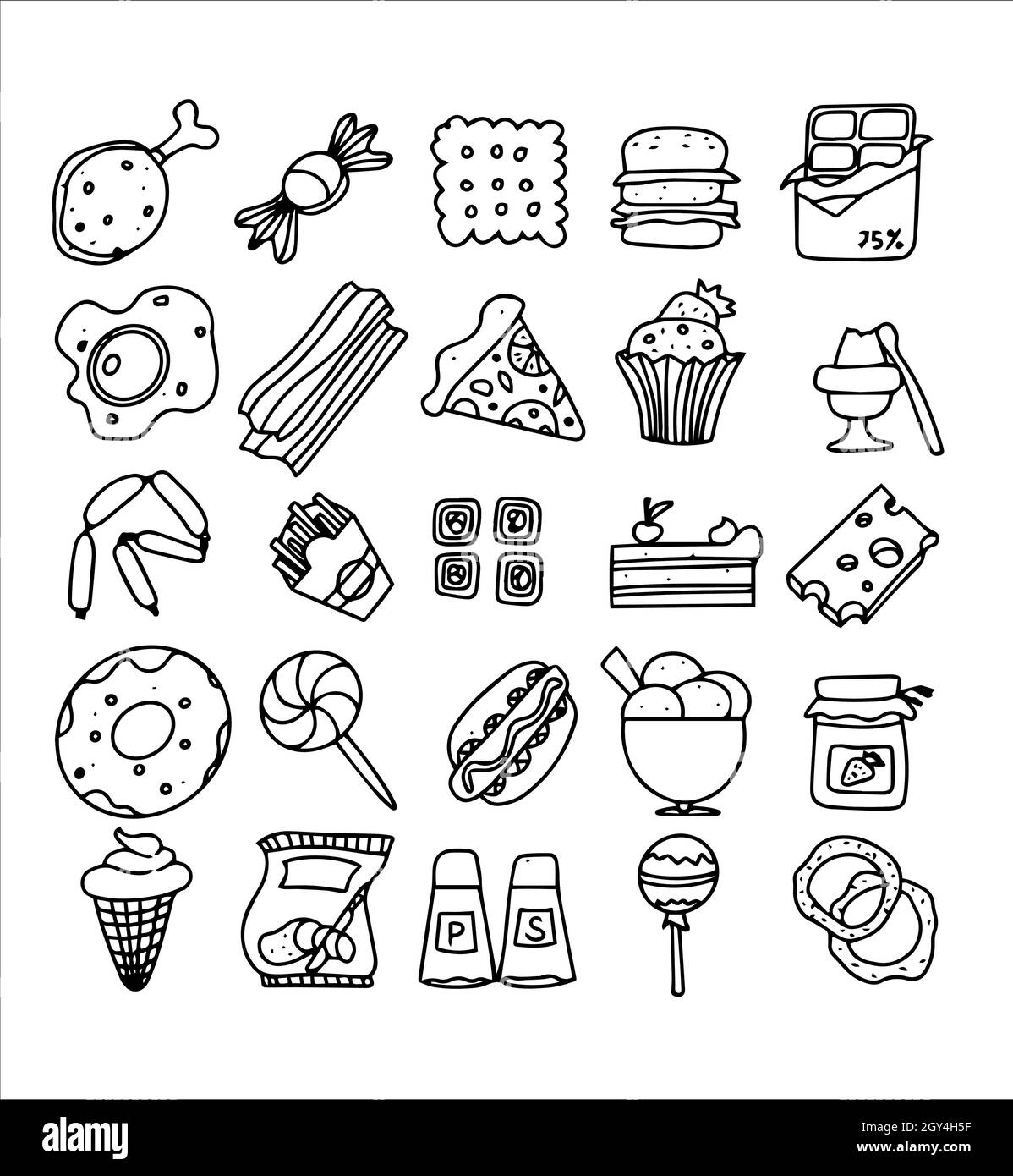 Doodle food set of fast-food products. Hand-drawn sweets, desserts, snacks, popcorn, American food and English breakfast. A big set of cartoon food Stock Vector