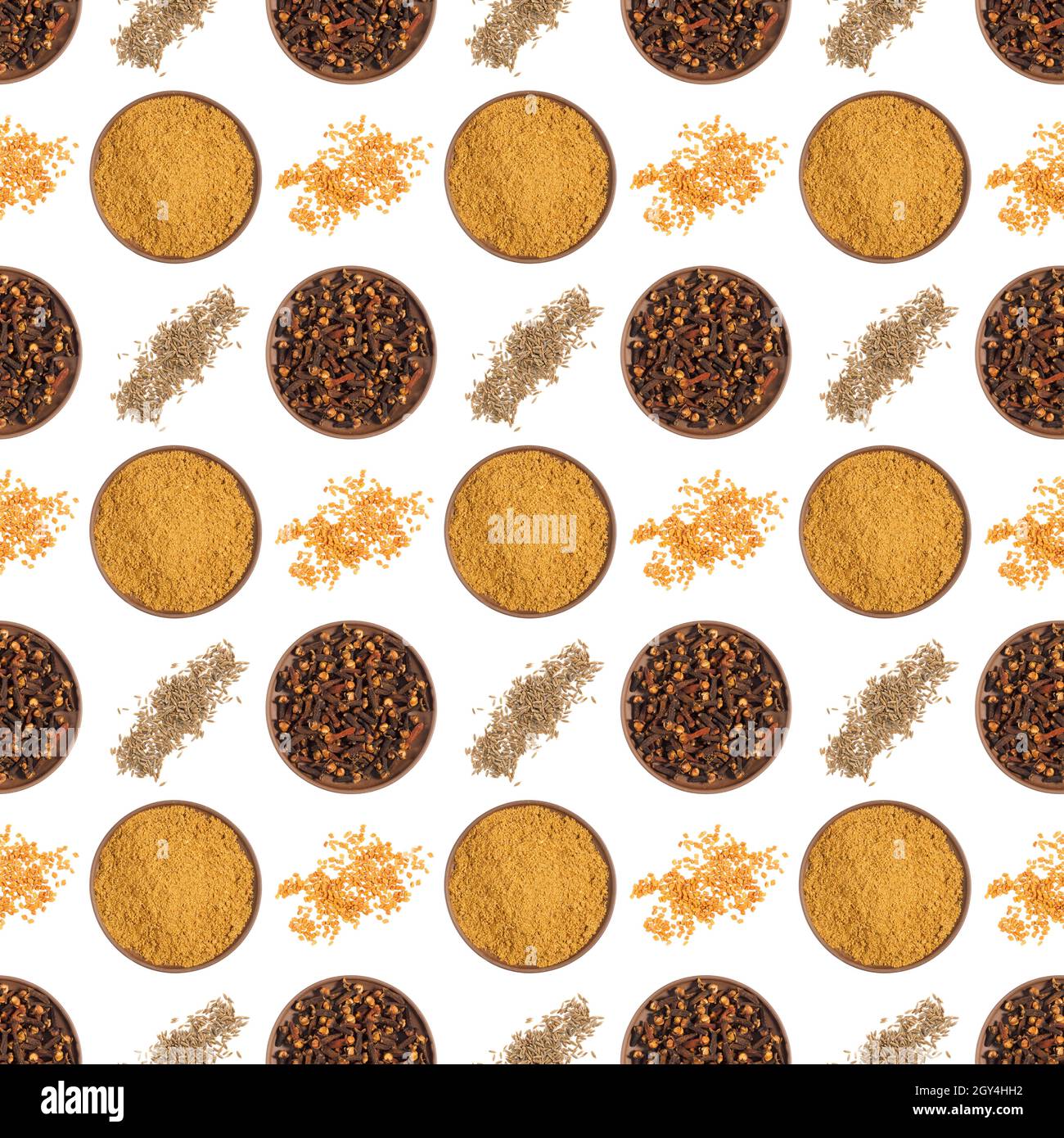 Seamless spice pattern with masala, cloves on clay plates, heaps of ...