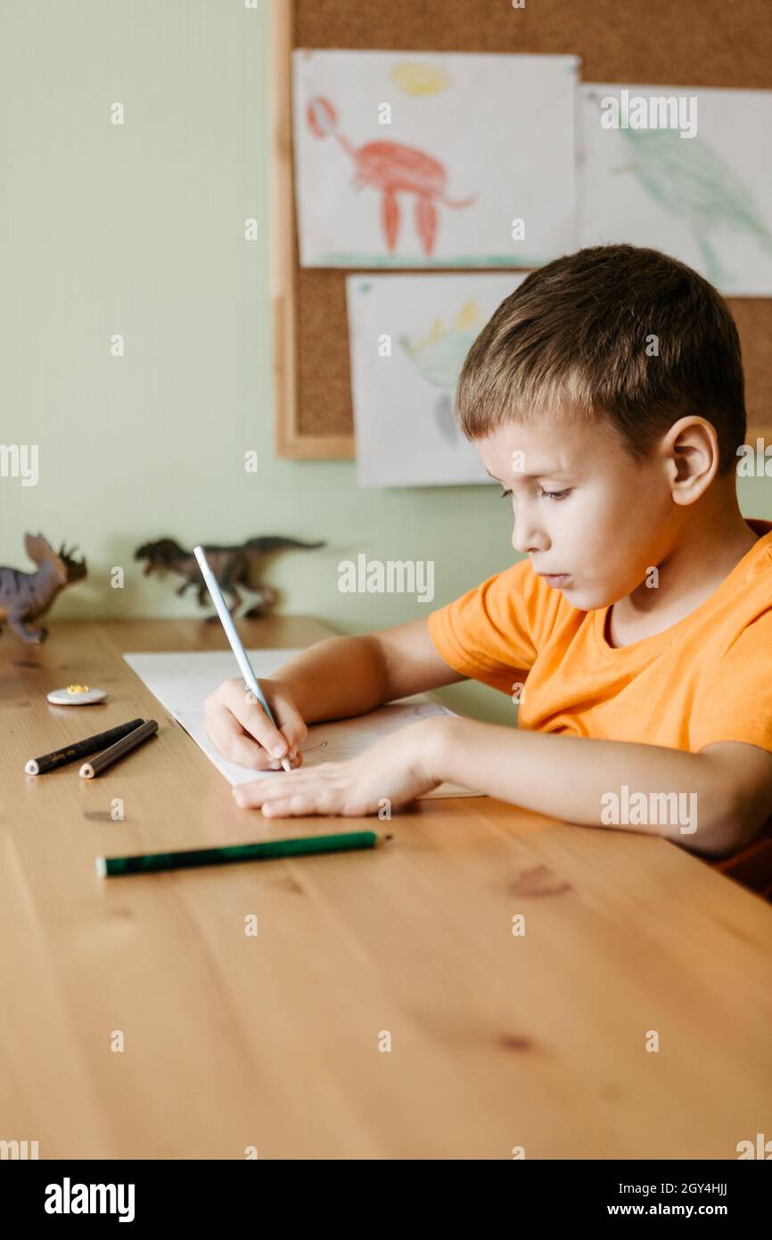 7 years old boy drawing pic with colored pencils sitting by desk Stock