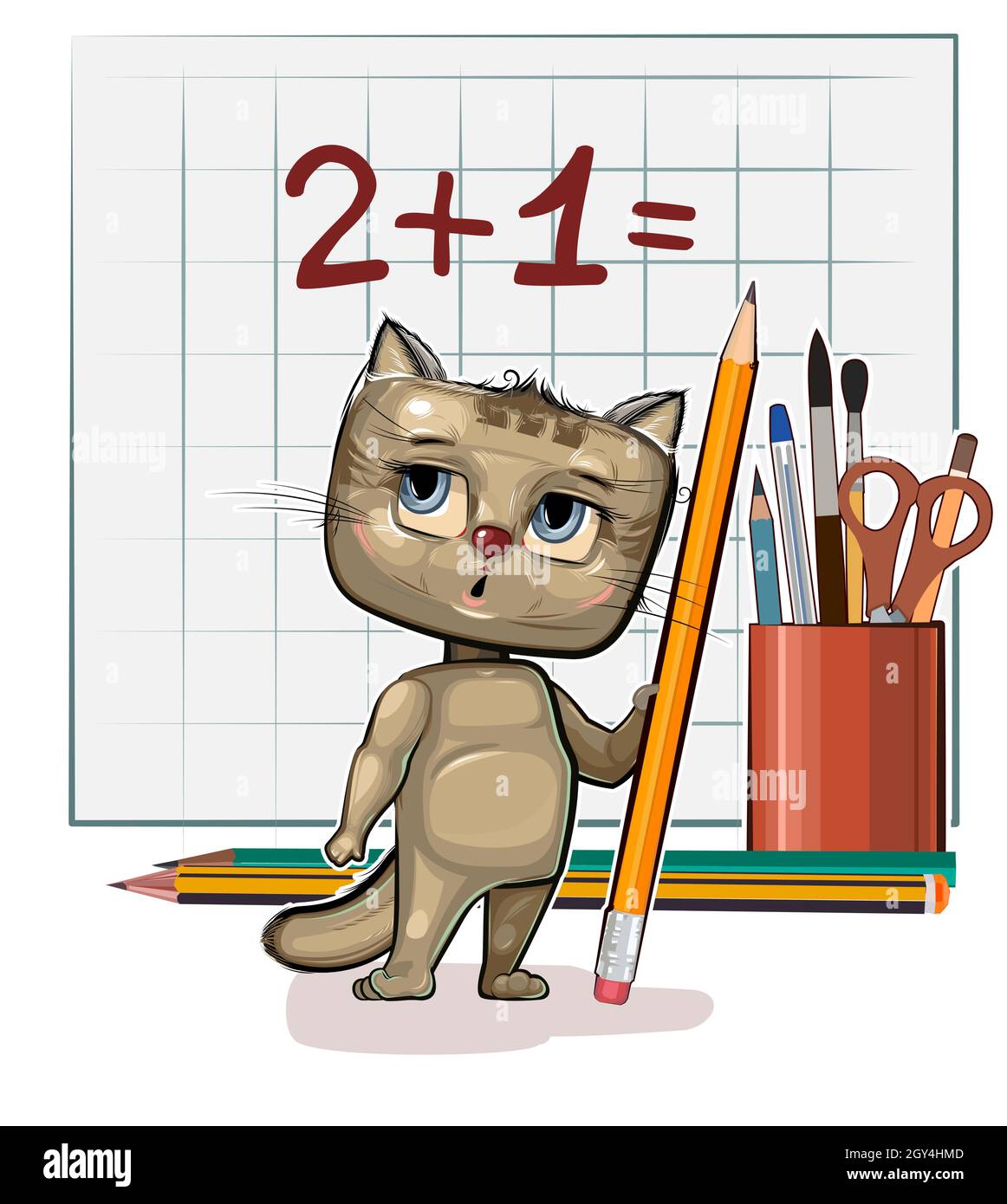 Cute Kitten baby is trying to count. Studying numbers and counting. Funny animal kid. Stationery and pencil. Writes in notebook. Mathematics Stock Vector