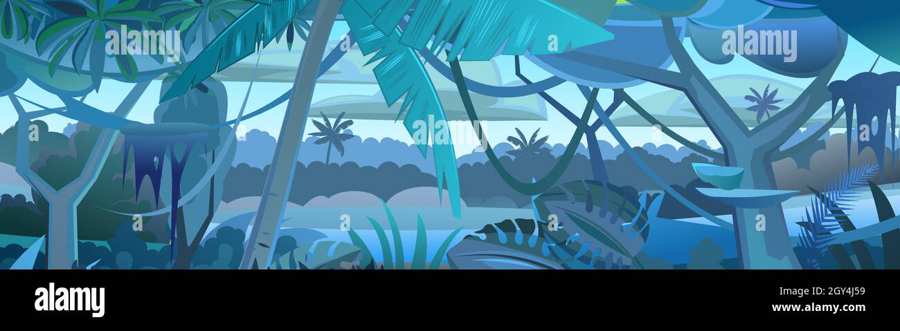 Jungle tree. Dense thickets. View from Tropical forest panorama. Southern Dark Rural night Scenery. Illustration in cartoon style flat design. Vector Stock Vector