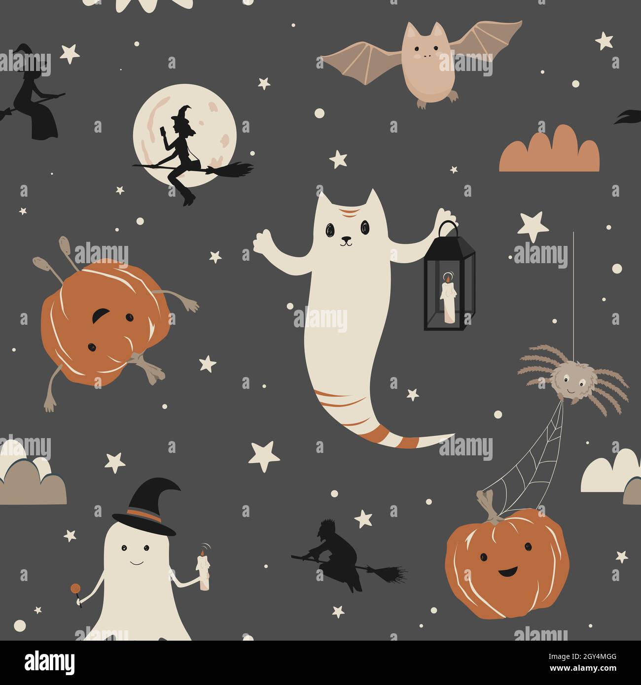 Cute Halloween seamless pattern with ghosts, bats, pumpkins, spider and flying witches. Vector hand drawn illustration Stock Vector