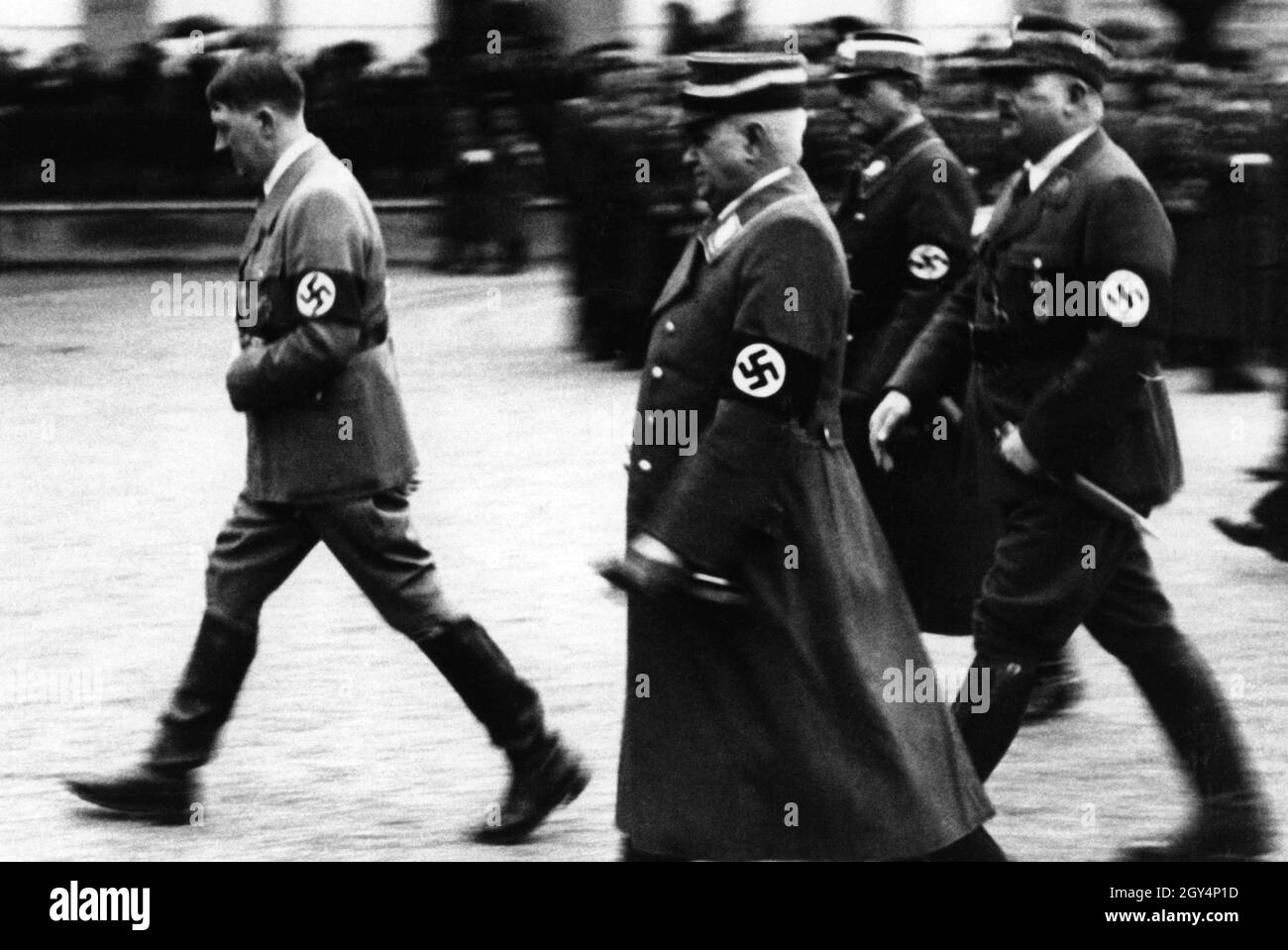 Adolf Hitler on his first visit as Reich Chancellor to Munich accompanied by Bavarian Minister President Siebert, Nazi Reich Governor for Bavaria Franz von Epp and SA Chief of Staff Ernst Röhm. [automated translation] Stock Photo