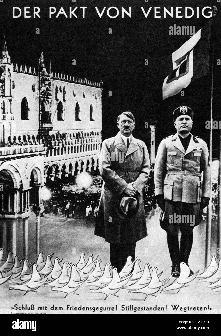A photomontage of the Prague exile newspaper Arbeiter Illustrierte Zeitschrift caricatures Benito Mussolini and Adolf Hitler, who met for the first time in Venice in June. [automated translation] Stock Photo