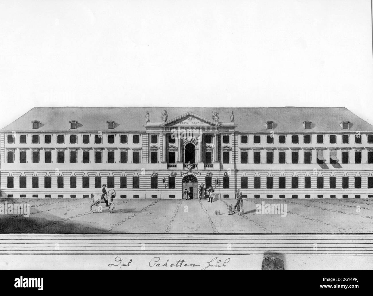 'This painting shows the new building of the Cadet House at Neue Friedrichstraße 13 (today: Littenstraße 13-17) in Berlin in 1807. Above the entrance to the building, which housed the Prussian Cadet Corps, is the inscription ''Martis et Minervae Alumnis'' (To the pupils of Mars and Minerva). [automated translation]' Stock Photo