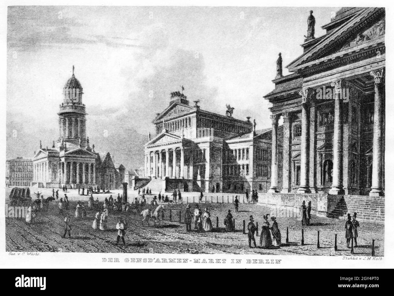 This steel engraving by Joseph Maximilian Kolb after a drawing by Carl Würbs shows the Gendarmenmarkt with the German Cathedral (left), the Schauspielhaus (centre) and the French Cathedral (right) in Berlin-Mitte around 1850. [automated translation] Stock Photo