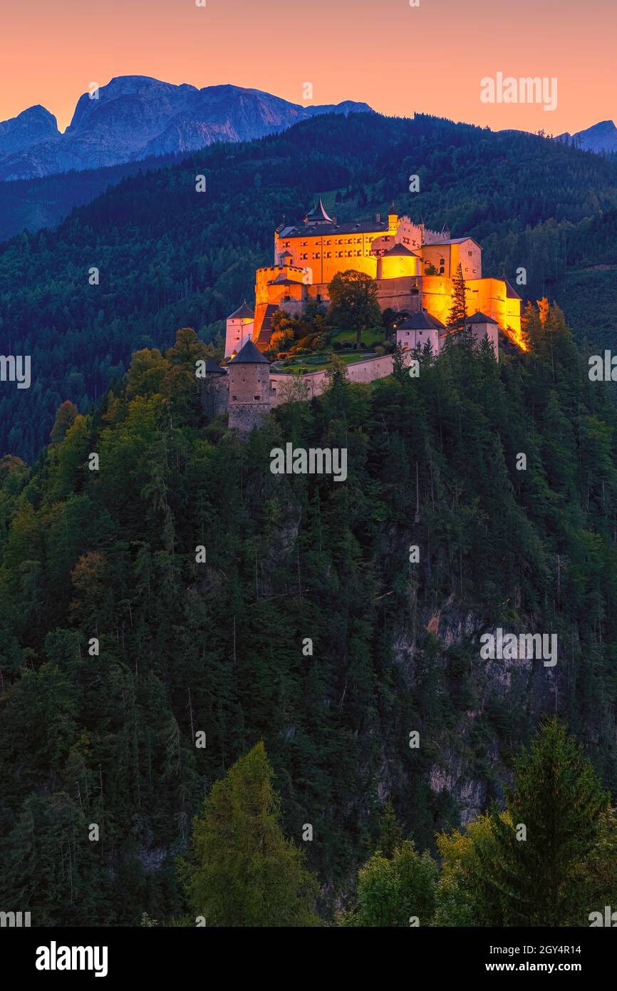 Hohenwerfen Castle (German: Festung Hohenwerfen, lit. 'Hohenwerfen Fortress') is a medieval rock castle, situated on a 623-metre (2,044 ft) precipice Stock Photo