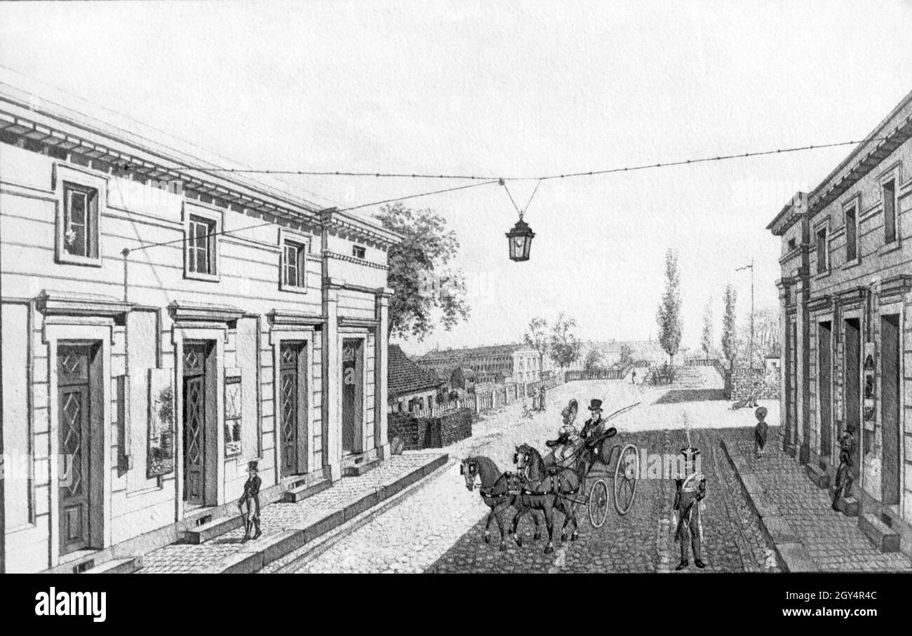 The picture postcard shows the Neue Wilhelmstraße (today: Wilhelmstraße) in Berlin-Mitte around the year 1825. [automated translation] Stock Photo