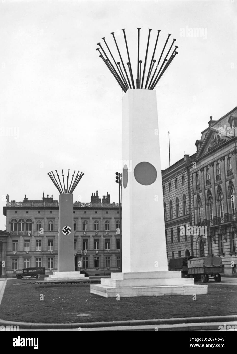On March 24, 1941, these pylons with Japanese flag or swastika were ...