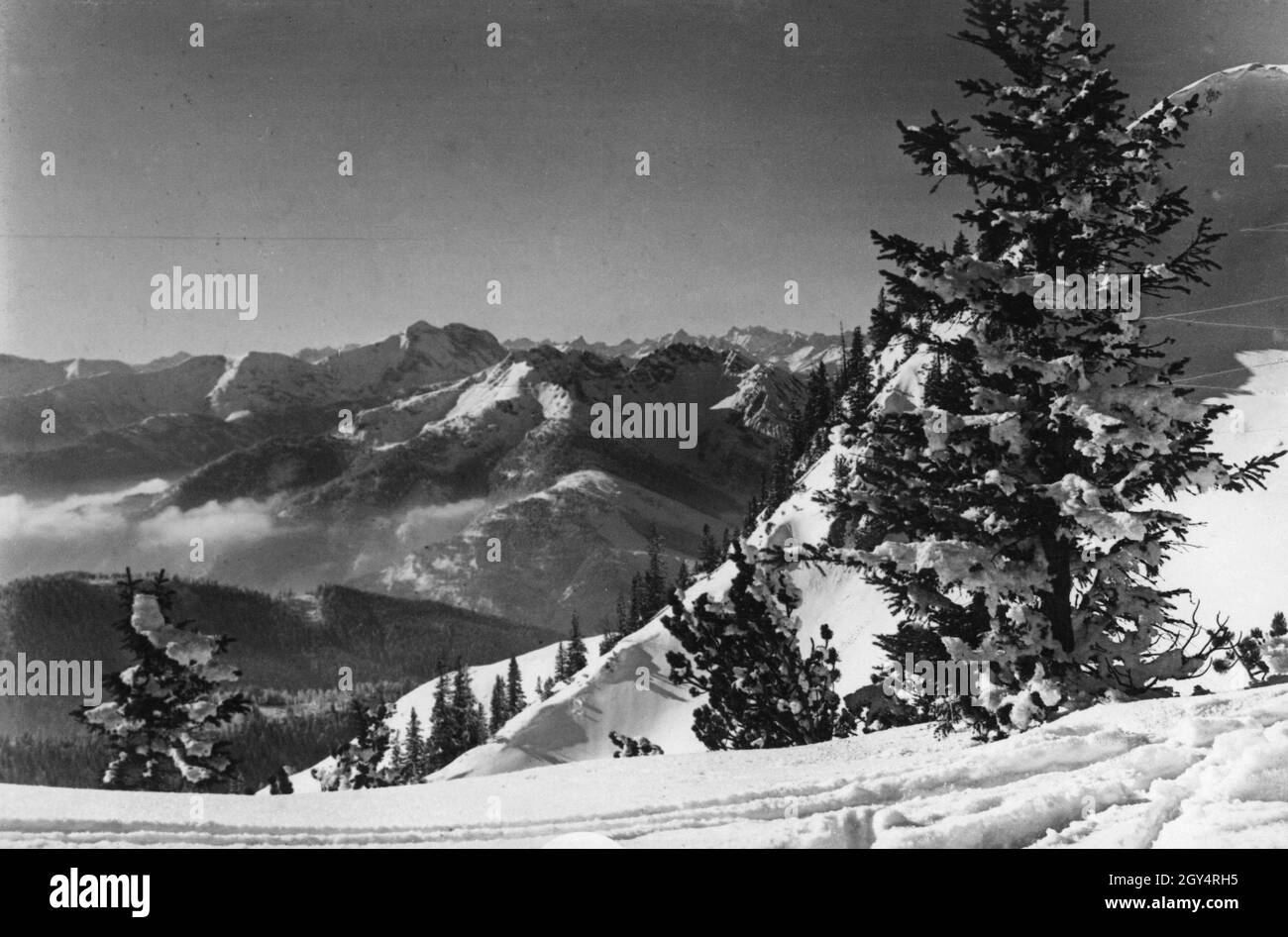 View from the snow-covered Rotwand near Bayrischzell towards the Karwendel mountains, in front of it the Bavarian and the Austrian Schinder can be seen. Undated photo, probably taken around the year 1910. [automated translation] Stock Photo