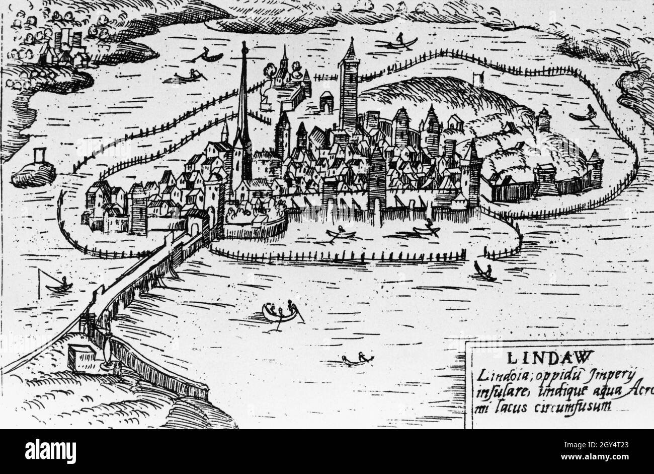 'This drawing after an etching by Francesco Valegio shows Lindau in Lake Constance around the year 1600. The island is connected to the mainland by a bridge. At the bottom right is written: ''Lindaw / Lindoia, oppidu Impery / insulare, undique aqua Acro / mi lacus circumfusum''. [automated translation]' Stock Photo