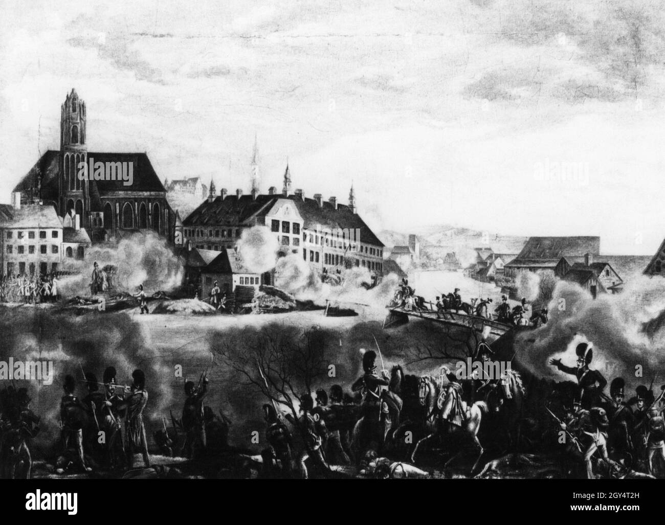 This painting by Johann Lorenz Rugendas depicts the storming of the Inner Isar Bridge in Landshut by Franco-Bavarian troops on 21 April 1809. Landshut had previously been occupied by Austrian units and was recaptured by the battle. The tower of St. Martin's Church collapsed as a result of the fighting. [automated translation] Stock Photo