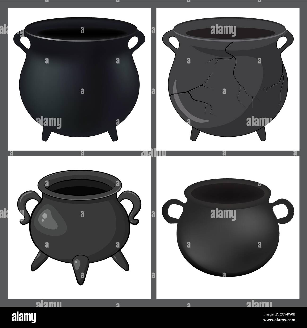 Cauldron iconset for halloween. Empty witches pot cartoon symbol. Vector illustration isolated on white background. Stock Vector