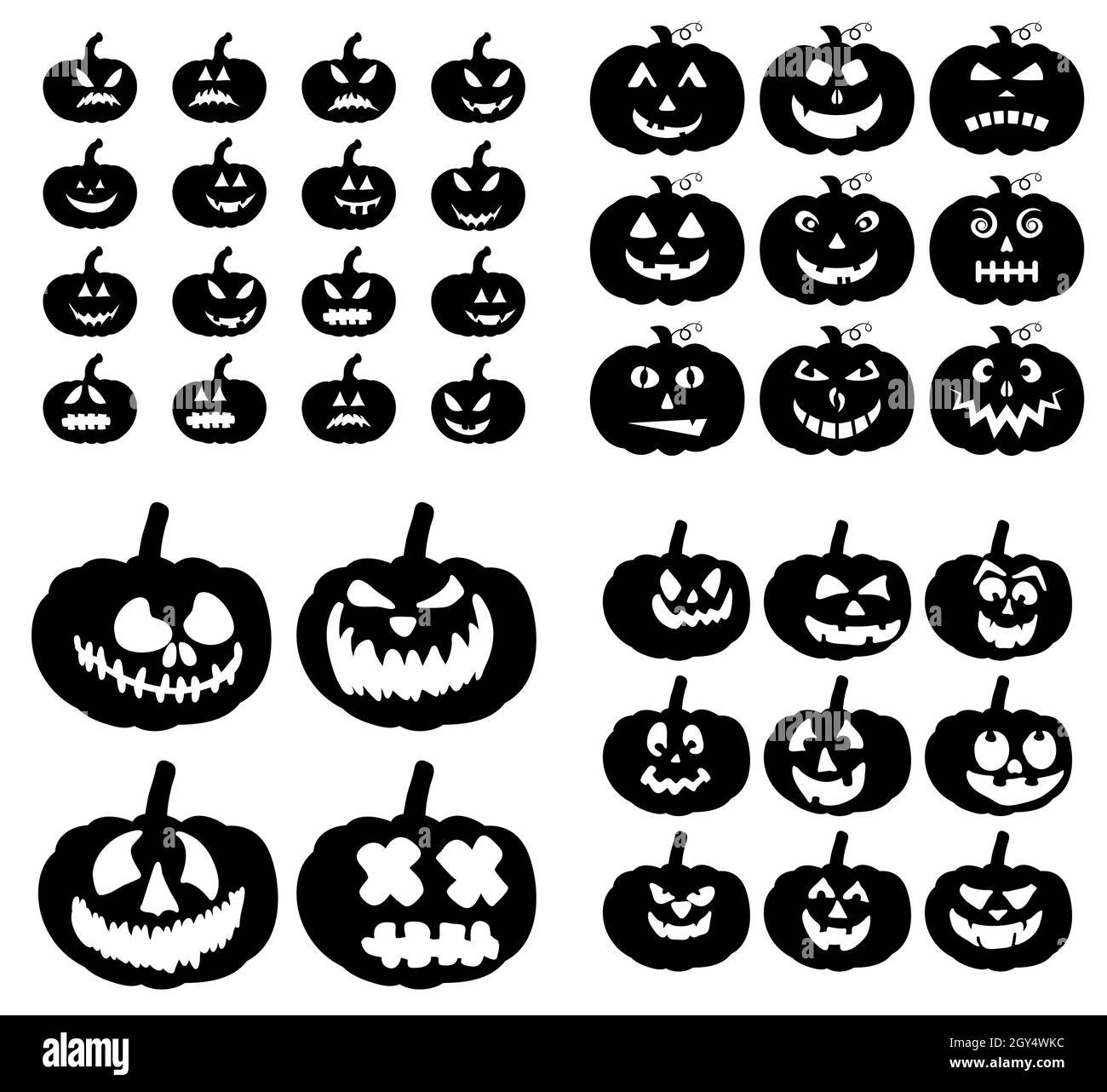 Pumpkins spooky smile silhouettes set . Jack-o-lantern carved facial expressions for halloween card or invitation. Vector illustration isolated on whi Stock Vector