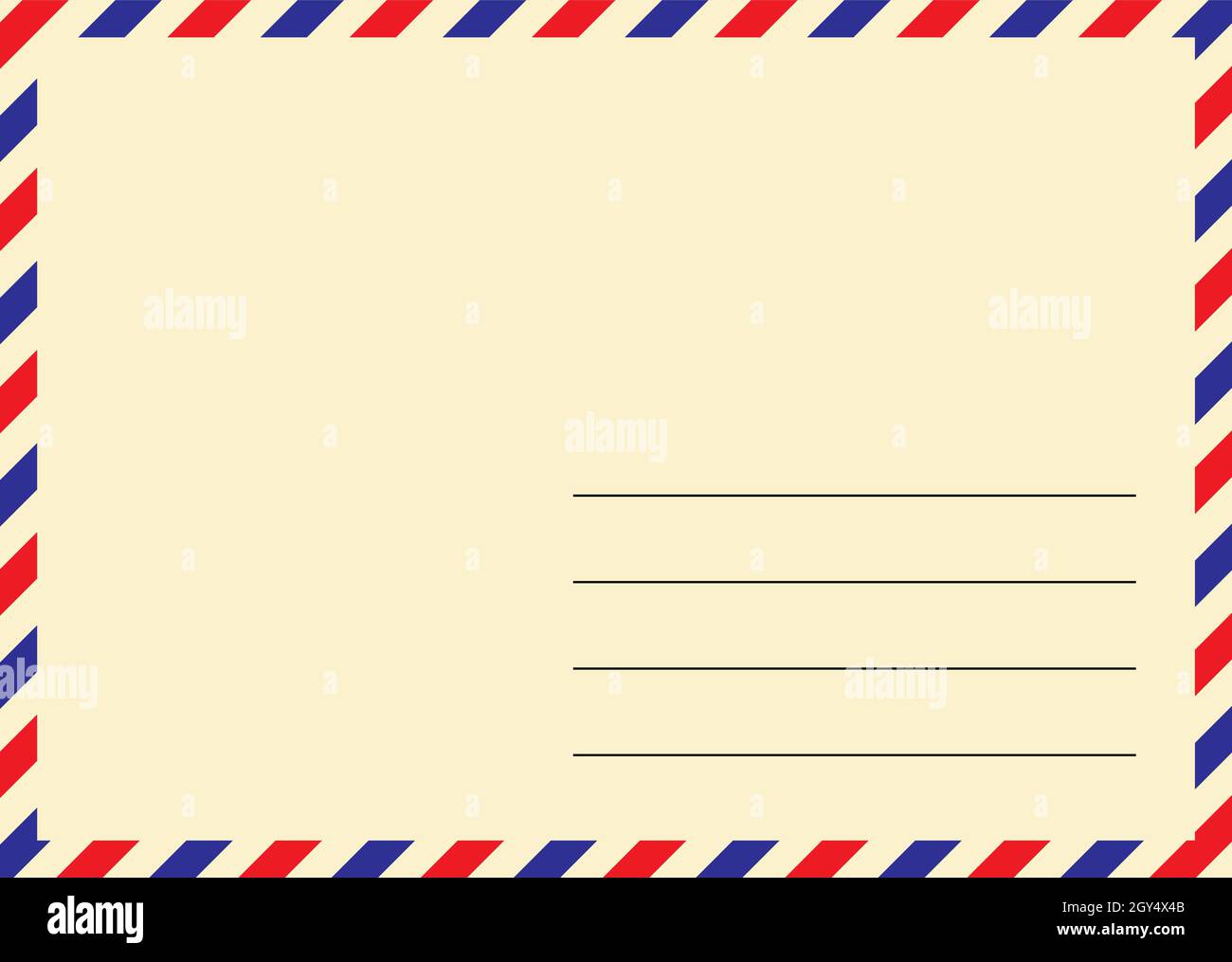 Airmail envelope. Old yellow postcard with diagonal stripes in red and blue color.  Vector illustration template with empty address space. Stock Vector