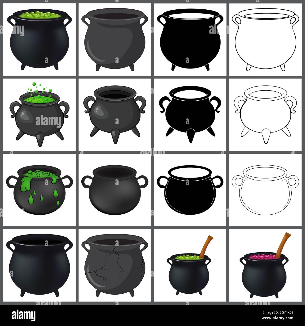 Cauldron with green magic potion and empty pot. Cartoon halloween icon set. Contains color, outline and silhouette collection. Vector illustration iso Stock Vector