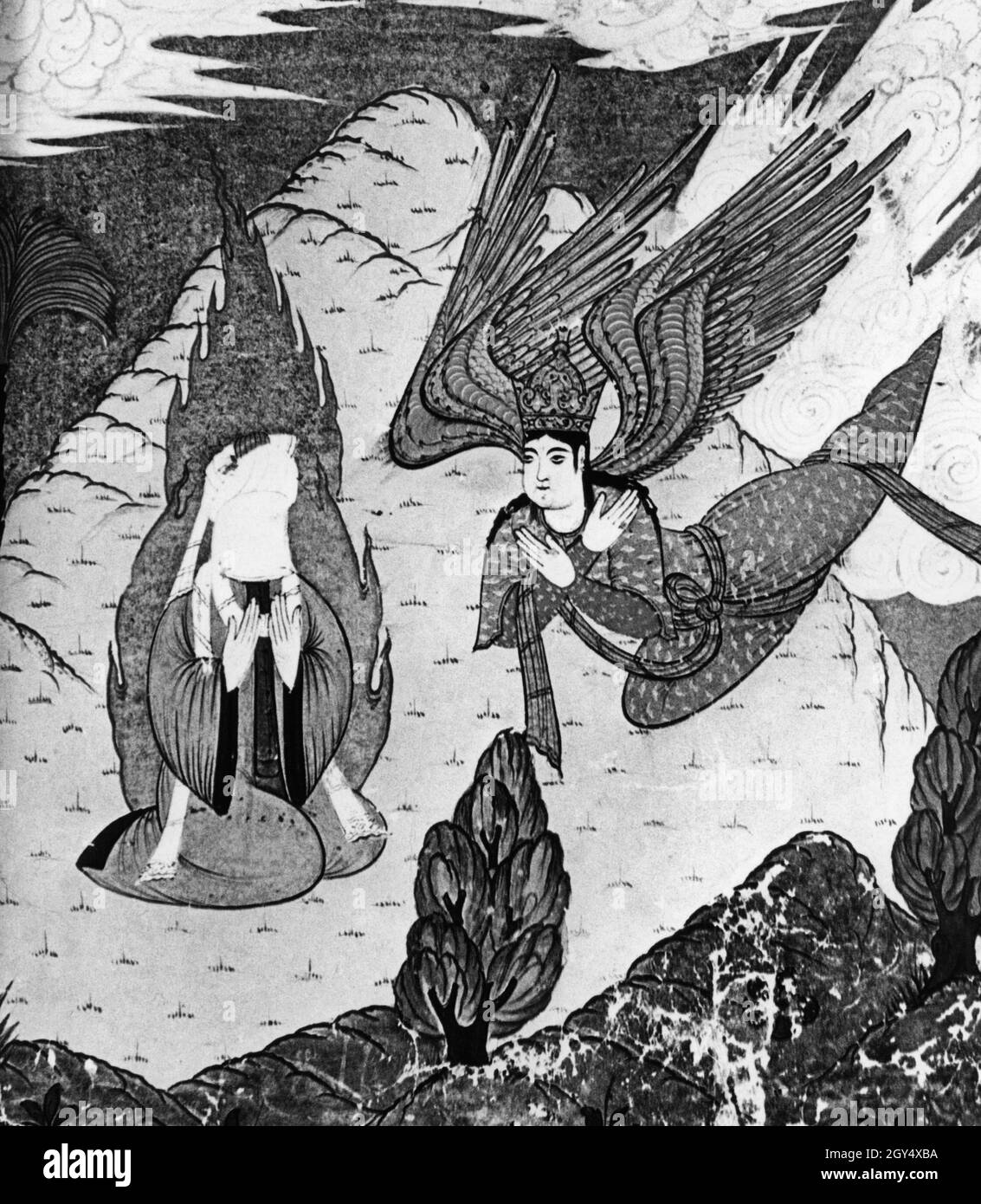 The Turkish miniature shows Mohammed (left), whose face may not be shown according to Muslim principles, being visited by the archangel Gabriel, who announces his mission as a prophet. Muhammad was born in Mecca around 570, is said to have been called by the archangel in 610, and died on June 8, 623. At the calling he held the revelation, the core of which is the uniqueness of the creator and the last judgement. [automated translation] (Date created: 01.01.0610-31.12.0610) Stock Photo