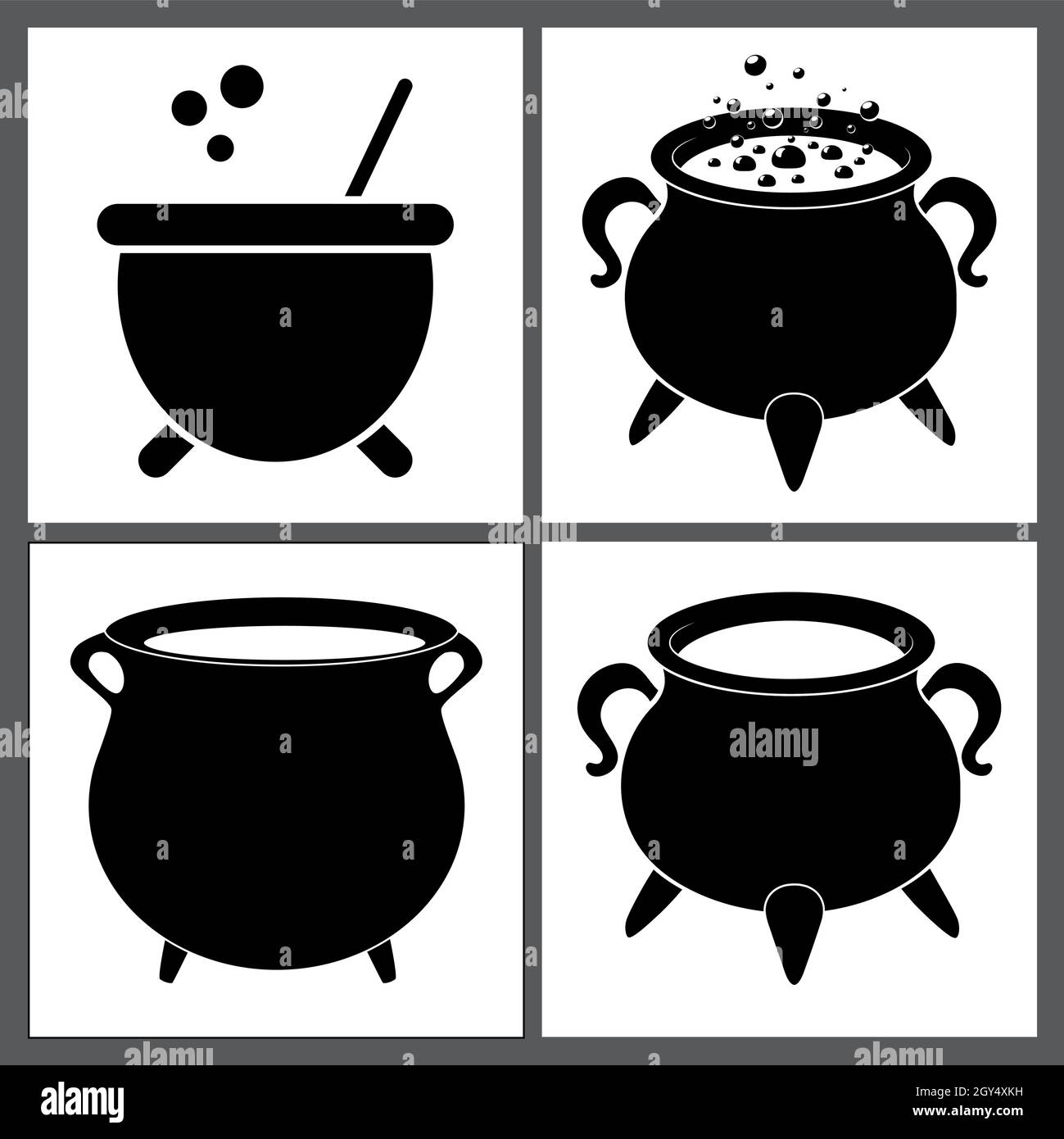 Cauldron with  magic potion and empty pot. Silhouette halloween icon set. Vector illustration with black shapes isolated on white background. Stock Vector