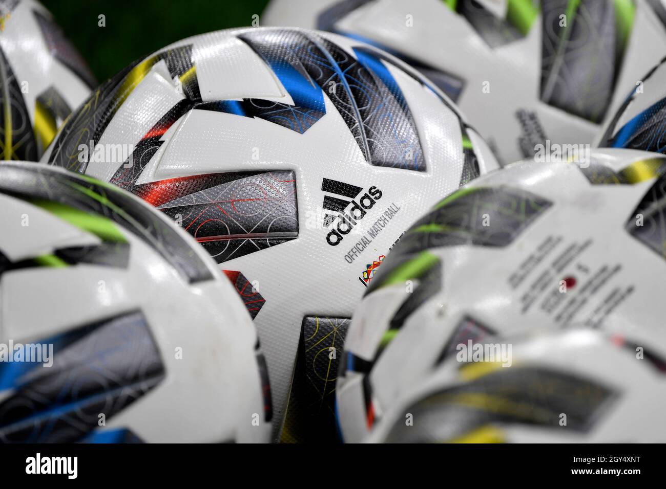Milano, Italy. 06th Oct, 2021. Adidas official match balls are seen during  the Uefa Nations League semi-final football match between Italy and Spain  at San Siro stadium in Milano (Italy), October 6th,