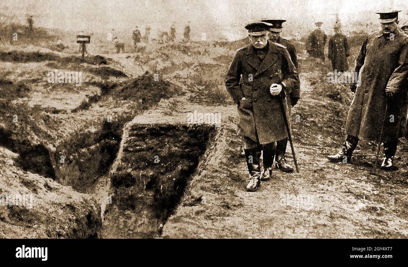 WW - Viscount French ' of Ypres' inspecting  trenches at the Lord Derby Group System  training centre in the UK. Field Marshal John Denton Pinkstone French, 1st Earl of Ypres aka Sir John French (1852-1925) also served as a  midshipman briefly  in the Royal Navy, before becoming a cavalry officer. His career was  nearly terminated after being named  in the divorce of  another officer whilst in India in the early 1890s. He was allegedly  known as a womaniser throughout his life. Stock Photo