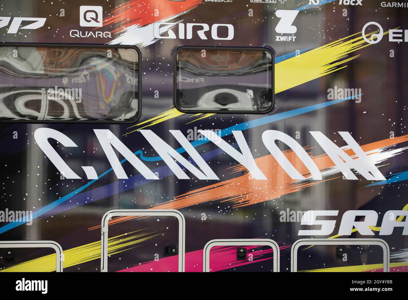 Bicester, UK - October 2021: Logo for Canyon Bicycles on a team racing van at a sports event Stock Photo