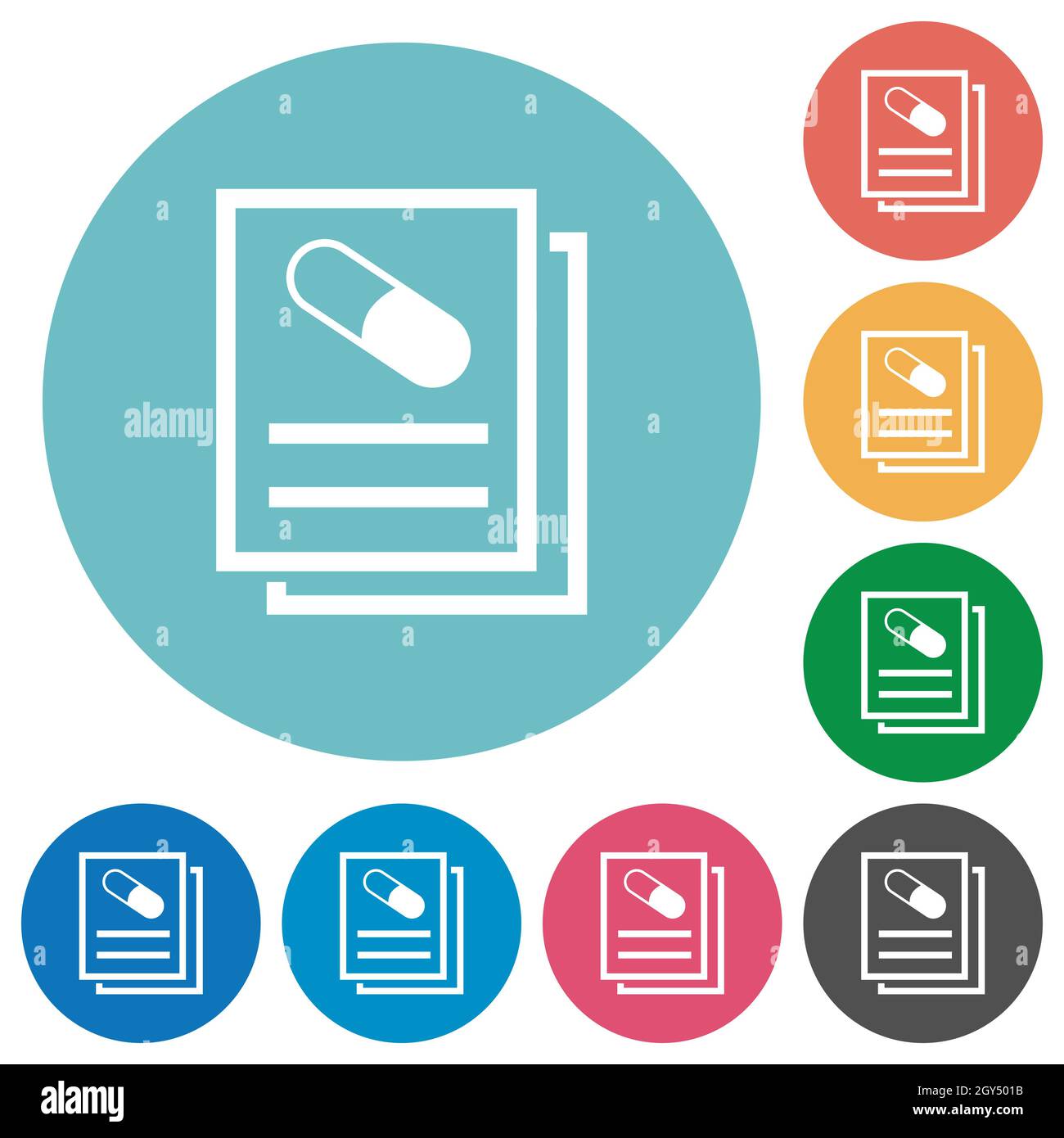 Medical prescription flat white icons on round color backgrounds Stock ...