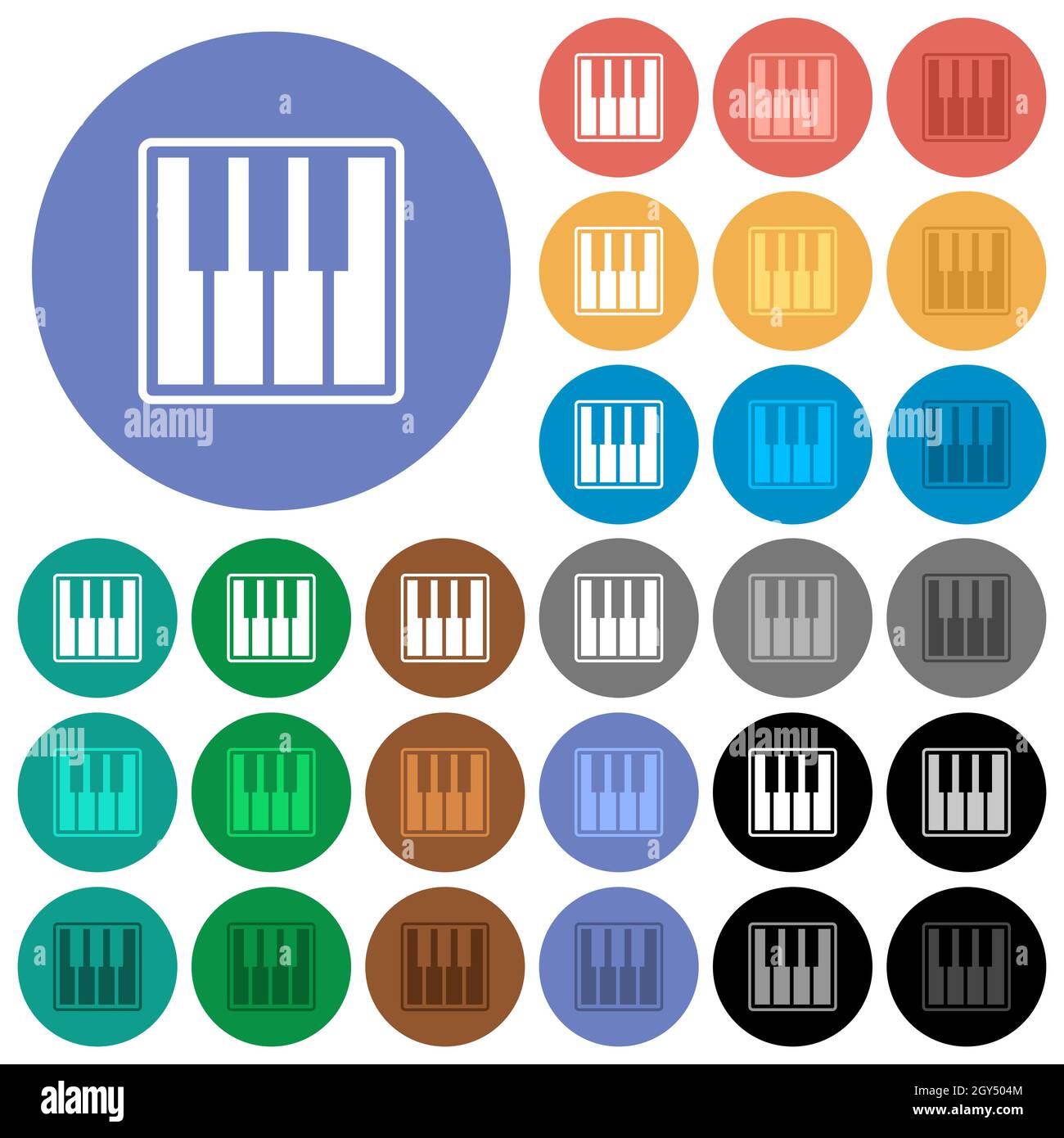 Piano keyboard alternate multi colored flat icons on round backgrounds ...