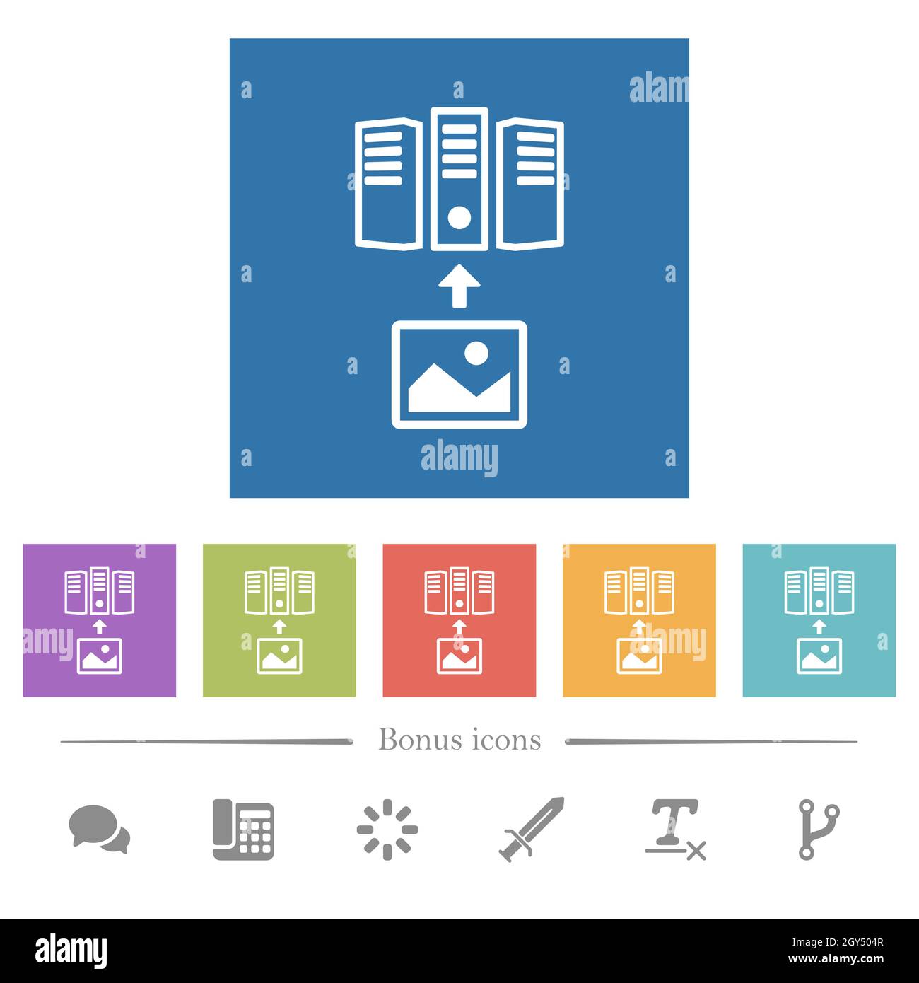 Upload image to server outline flat white icons in square backgrounds ...