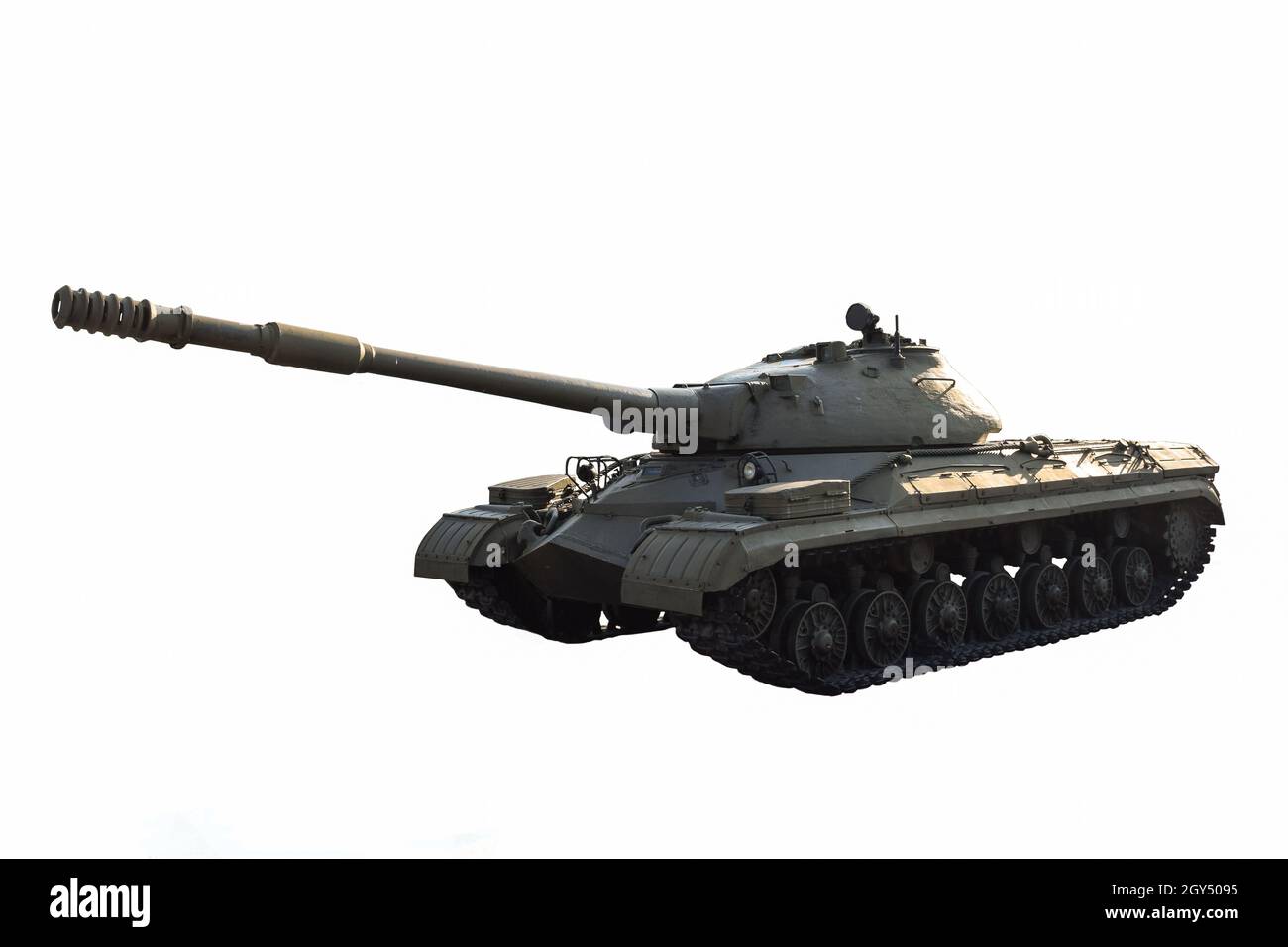 Soviet heavy tank without identification marks. Photographed from the front at an angle on a white background with clipping path. Stock Photo