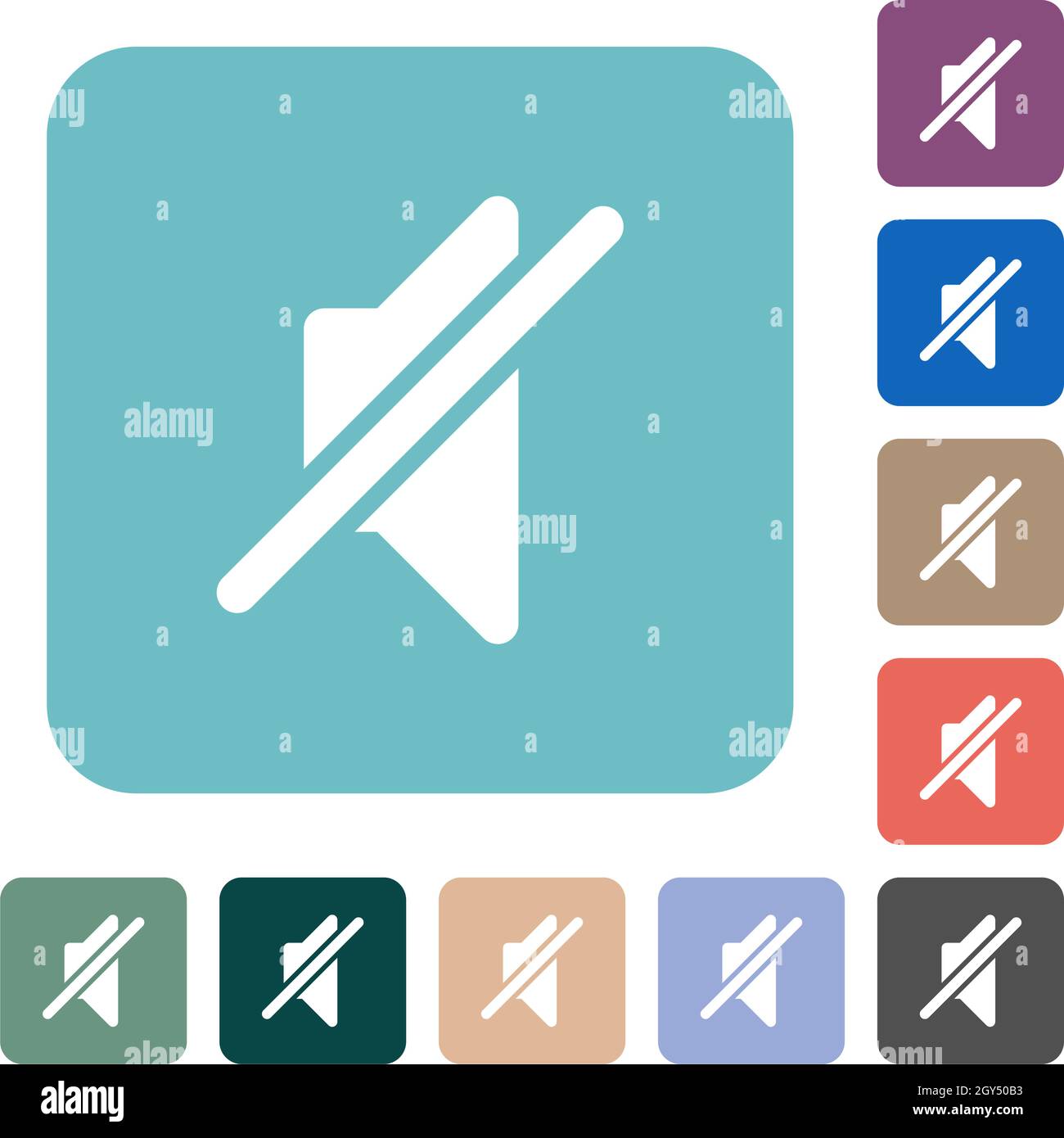 Mute solid white flat icons on color rounded square backgrounds Stock Vector