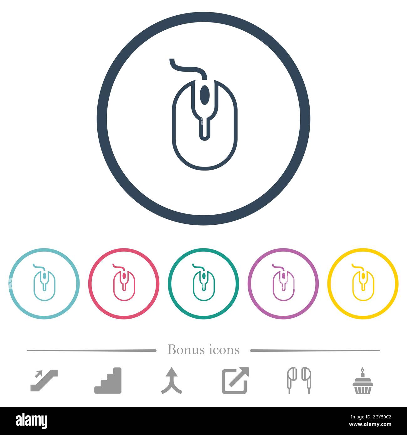 Computer mouse with cord outline flat color icons in round outlines. 6 ...