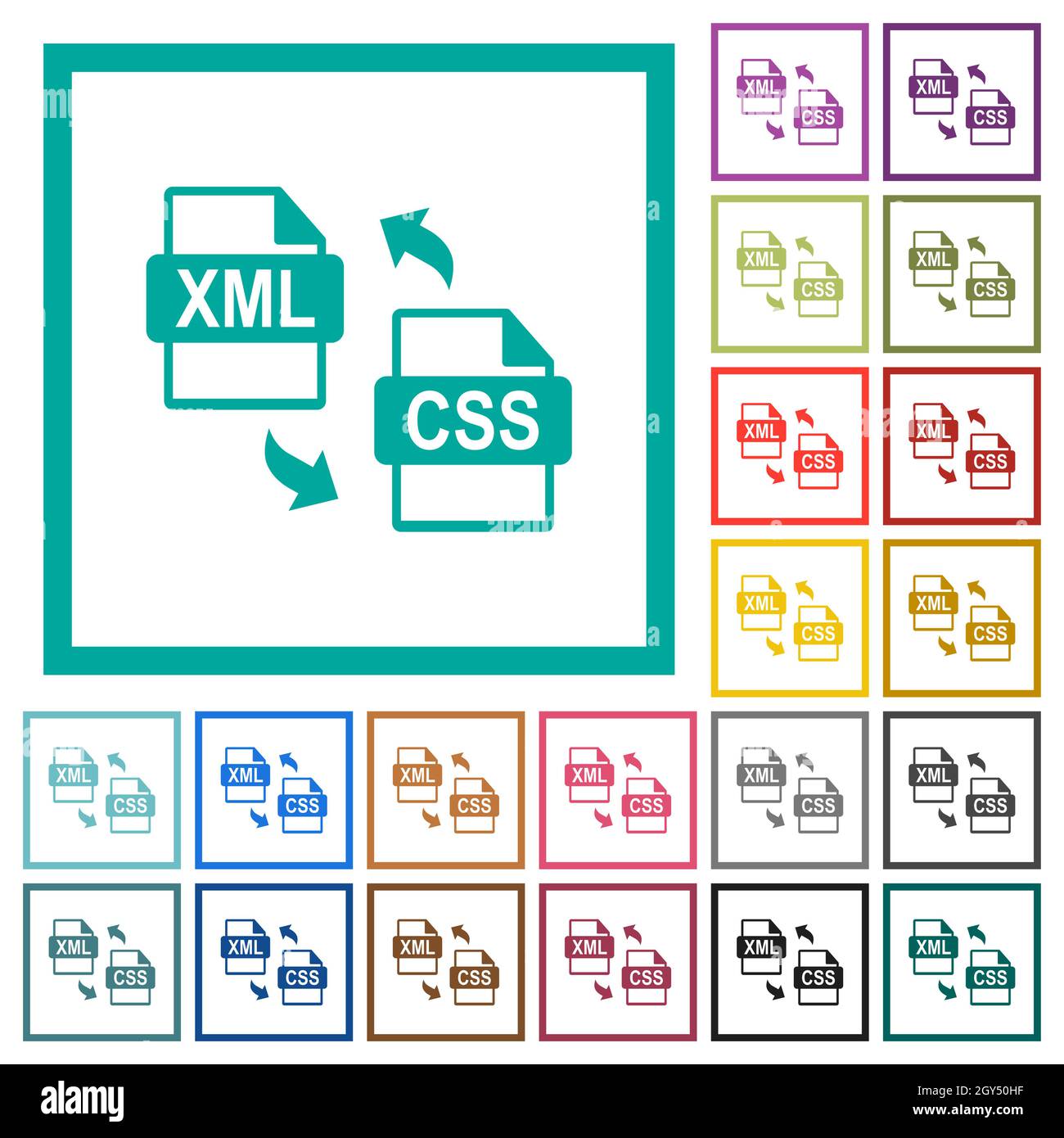 XML CSS file conversion flat color icons with quadrant frames on white background Stock Vector