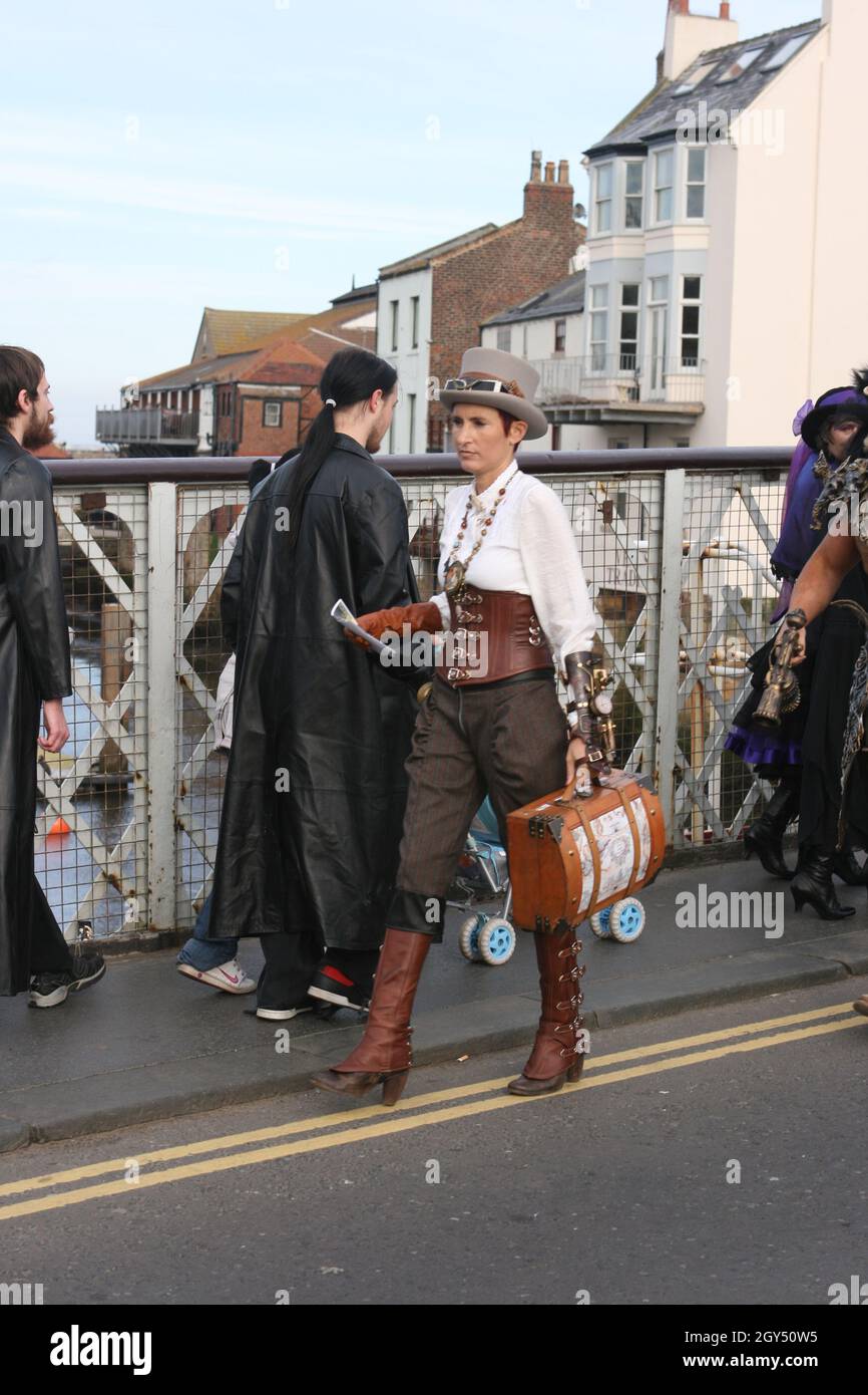 Lady dressed as steam punk explorer character during Whitby Goth Weekend Stock Photo